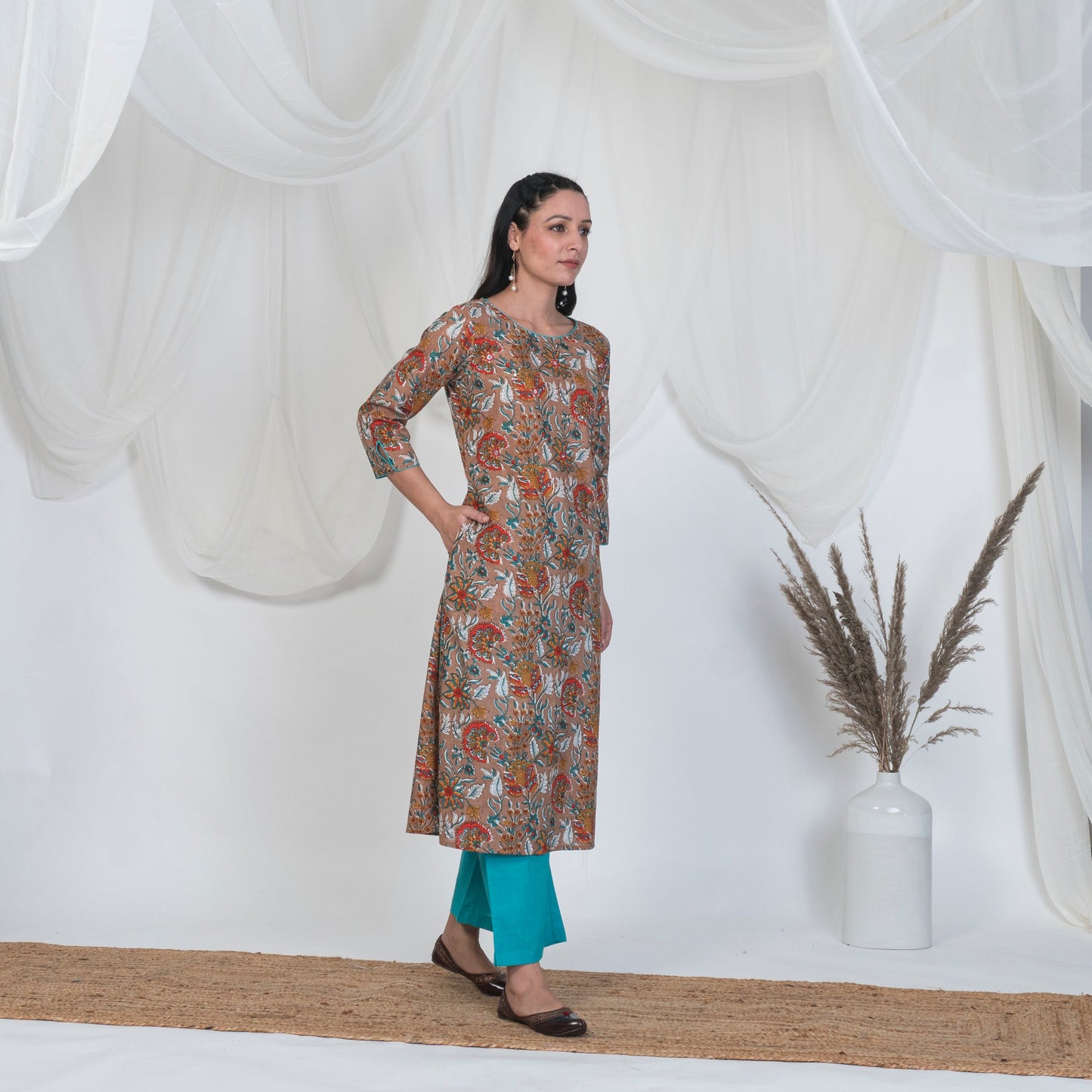 Hazel Brown Kurta Set with embroidered yoke, Solid Pants and Embroidered Dupatta