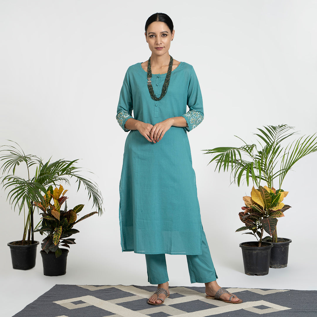 Geometric Work on Green Suit with Solid Dupatta