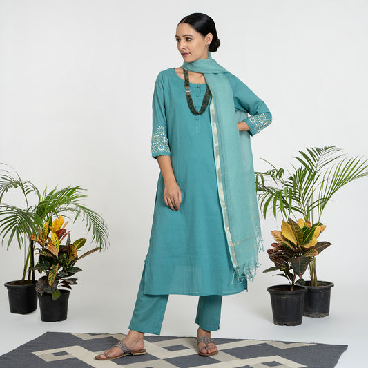 Geometric Work on Green Suit with Solid Dupatta