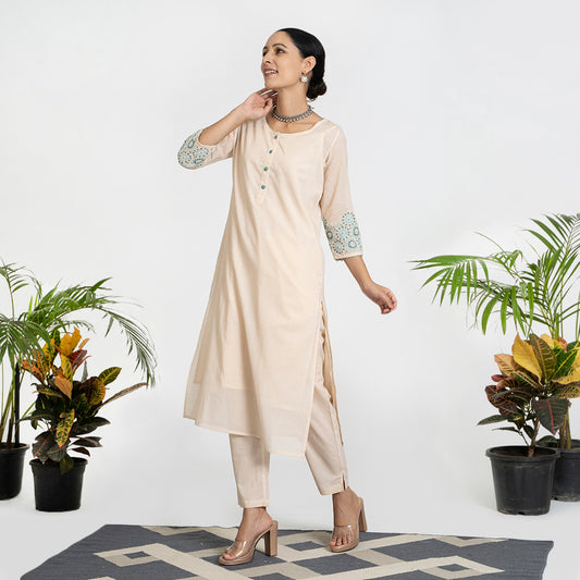 Geometric Work on Light Beige Suit with Solid Dupatta