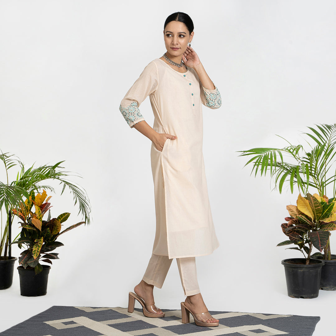 Geometric Work on Light Beige Suit with Solid Dupatta