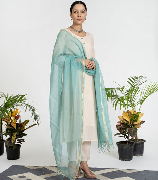 Geometric Work on Light Beige Suit with Solid Dupatta