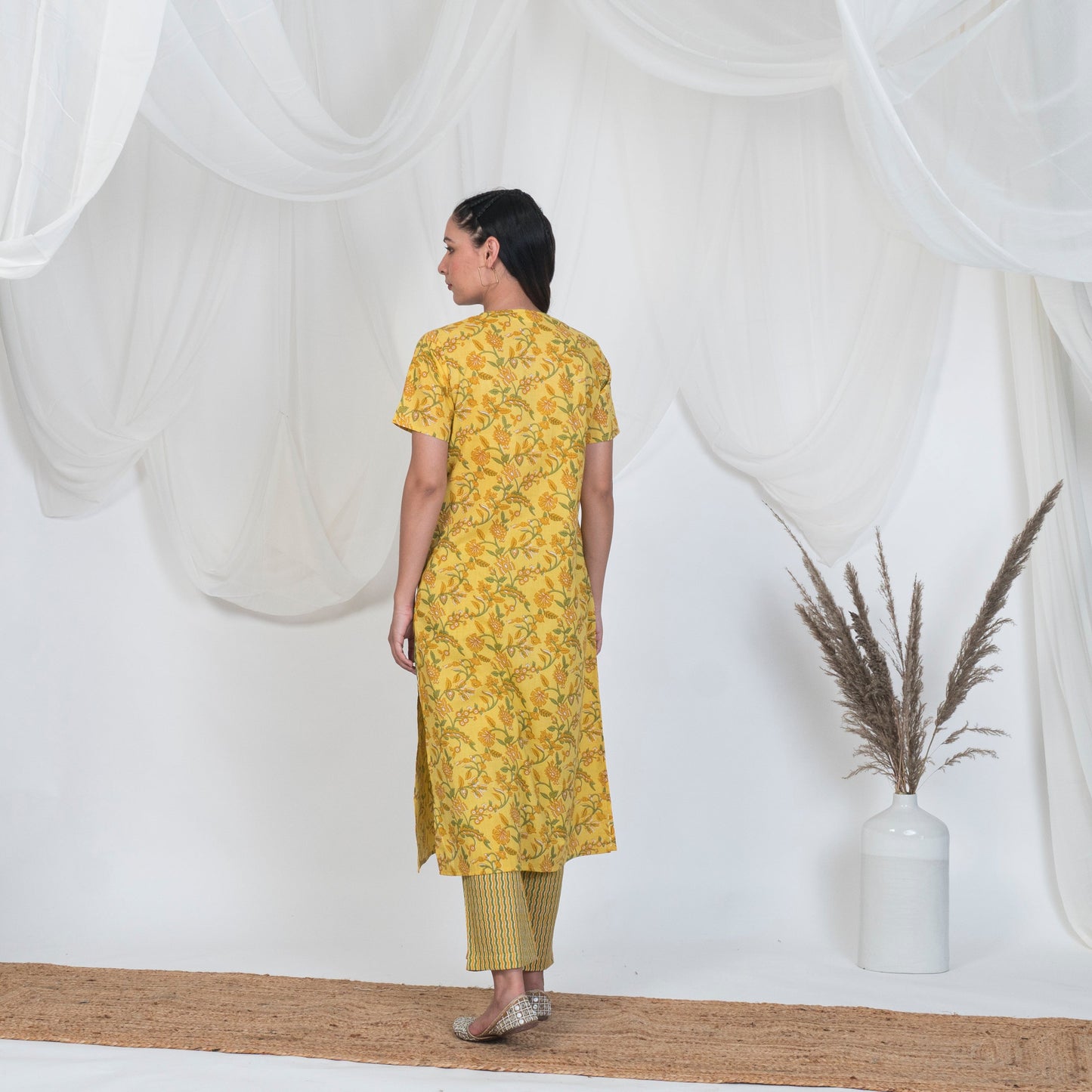 Yellow Print Kurta Set with Pearl Buttons and Stripped Pants