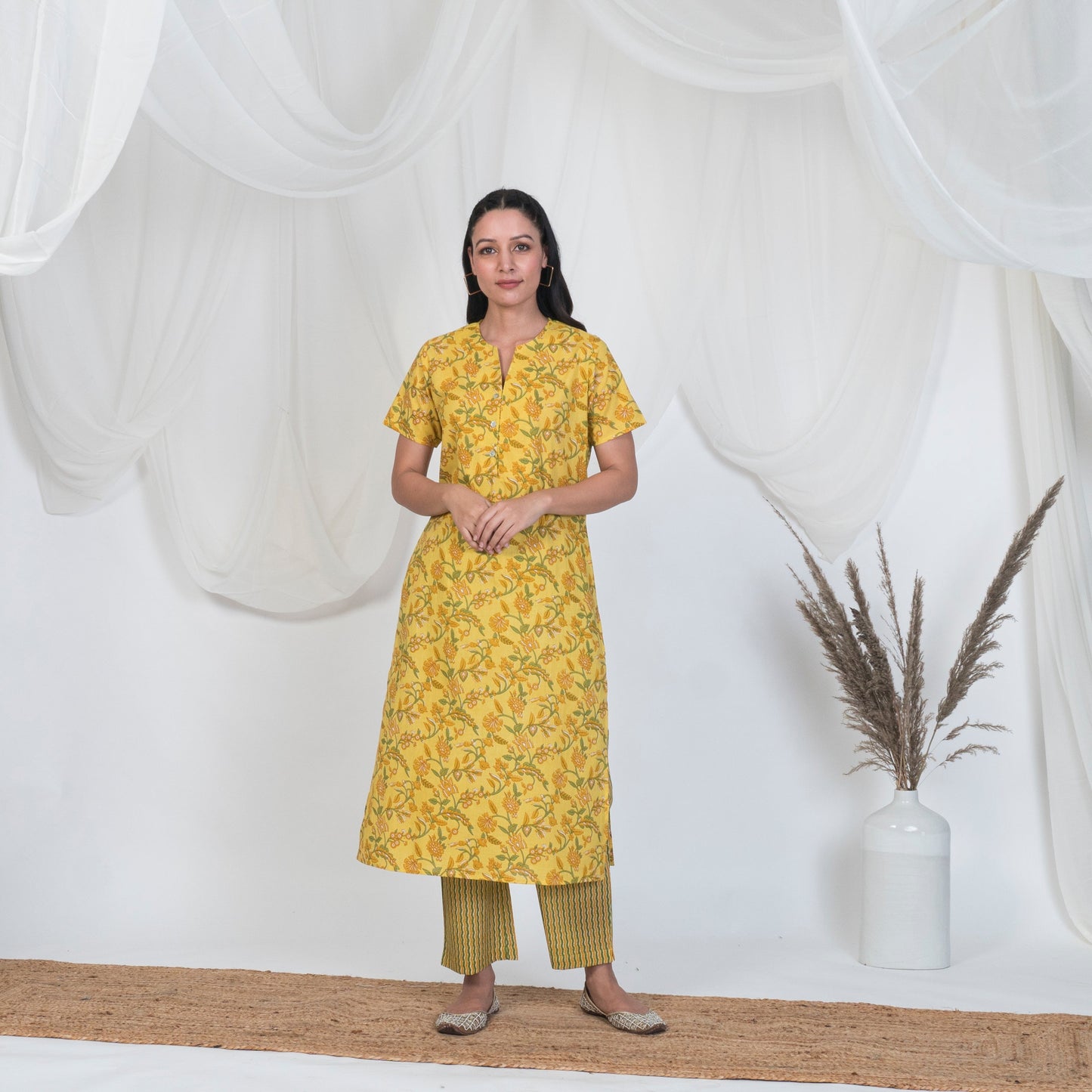 Yellow Print Kurta Set with Pearl Buttons, Stripped Pants and Tye & Dye Dupatta