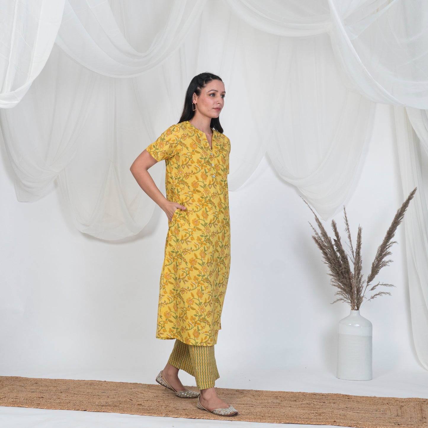 Yellow Print Kurta with Pearl Buttons