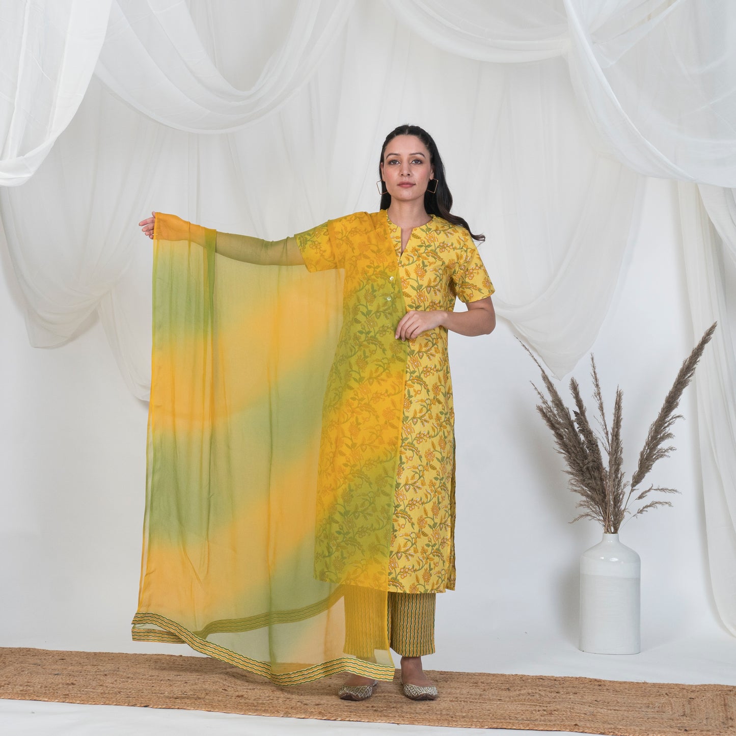 Yellow and Green Tye & Dye Lehariya Dupatta