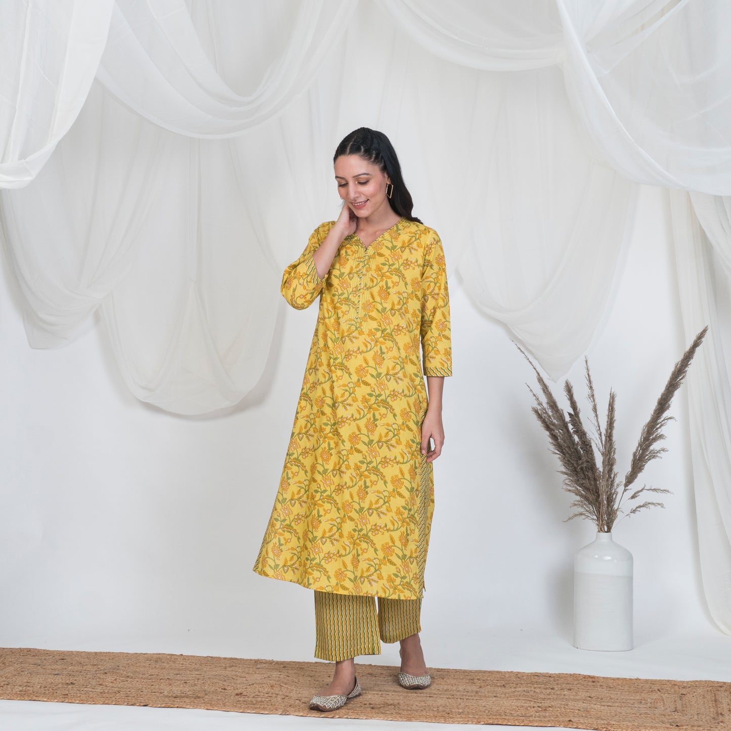 V Nech Kurta with Embroidery and Lace Detail in Yellow Print