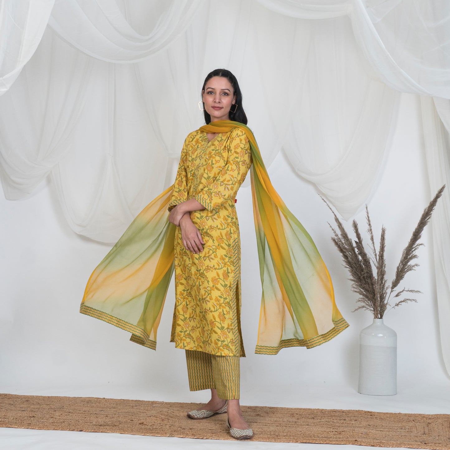 V Nech Kurta Set with Embroidery and Lace Detail in Yellow Print, Stripped Pants and Tye & Dye Dupatta