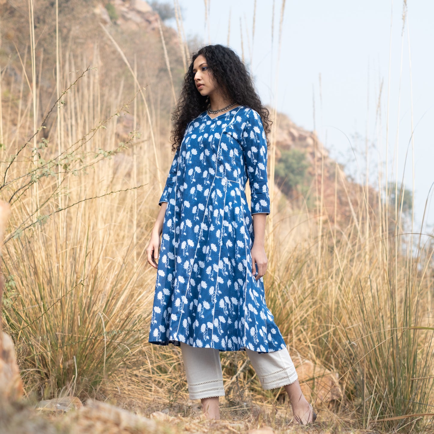 Indigo block printed panelled anarkali kurta with white piping detail