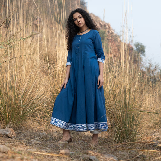 Solid indigo Anarkali Kurta with block print border and lace details and white pant (set of 2)