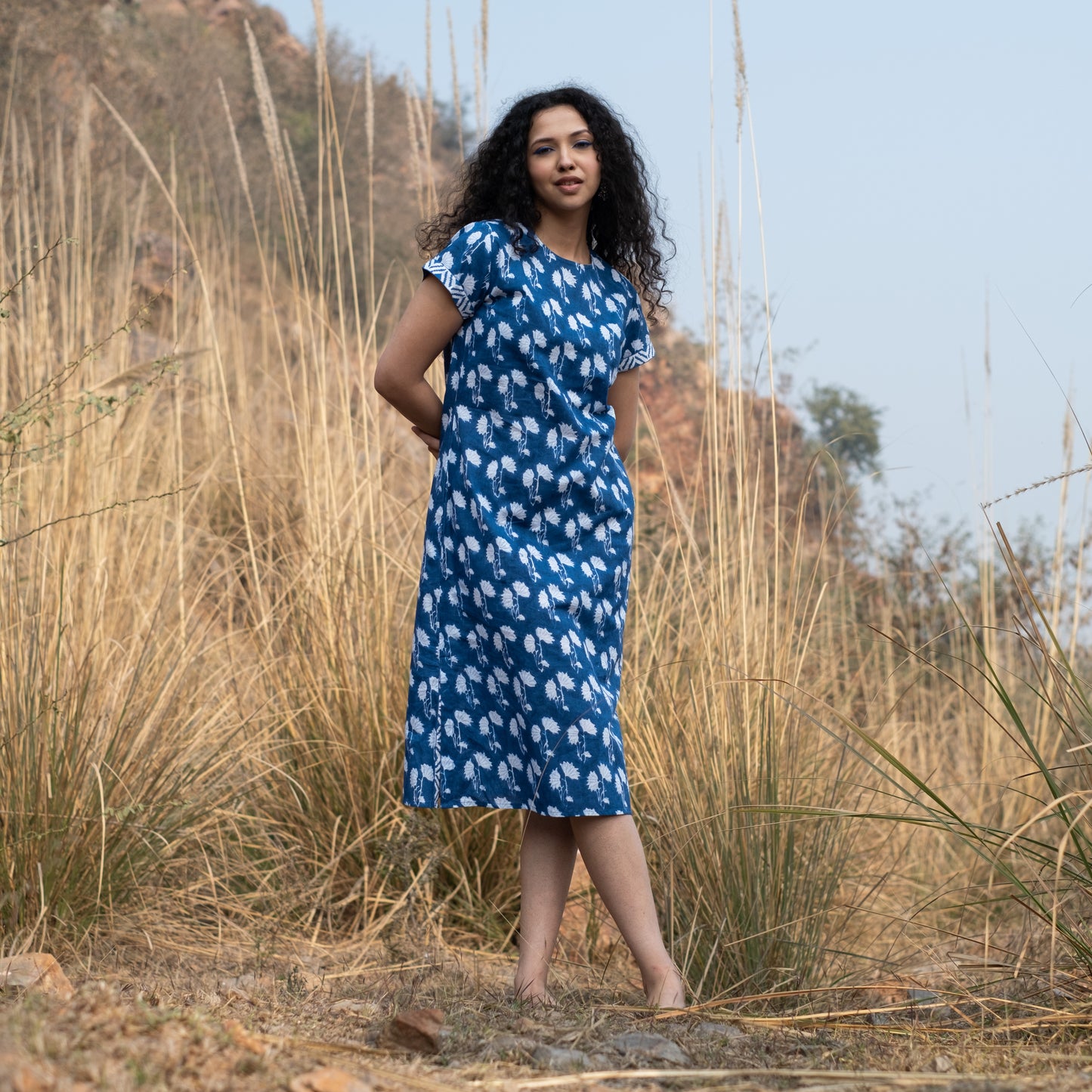 Indigo block printed midi dress with short sleeve and side slits