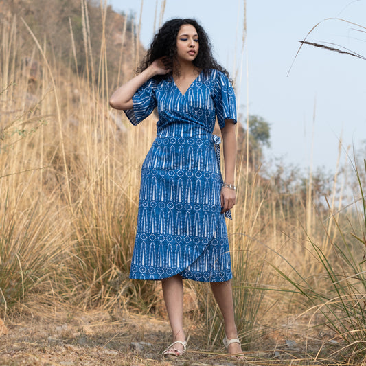 Indigo block printed wrap dress with complimenting waist tie up