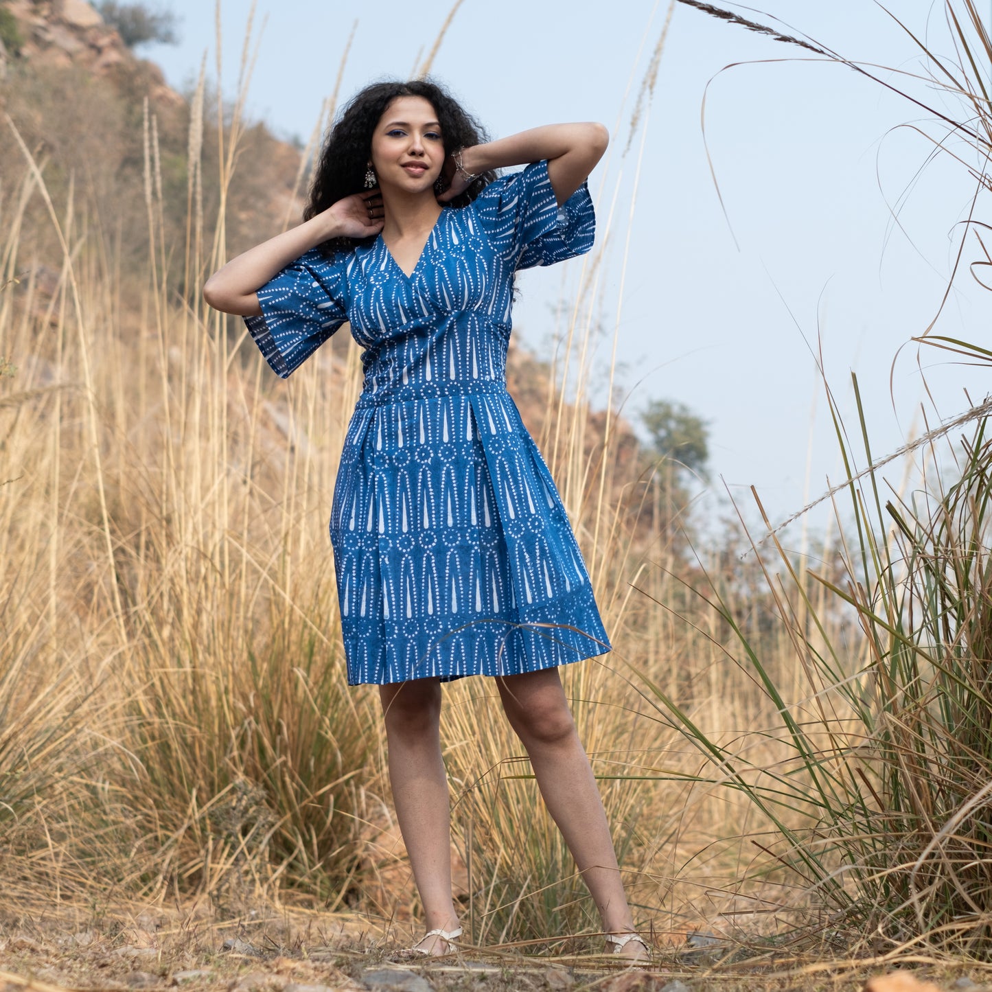 Indigo block printed box pleat dress V neck and relaxed sleeves with side pockets