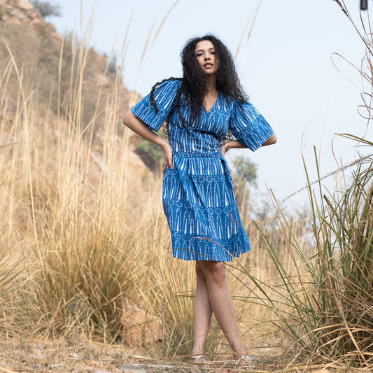 Indigo block printed box pleat dress V neck and relaxed sleeves with side pockets