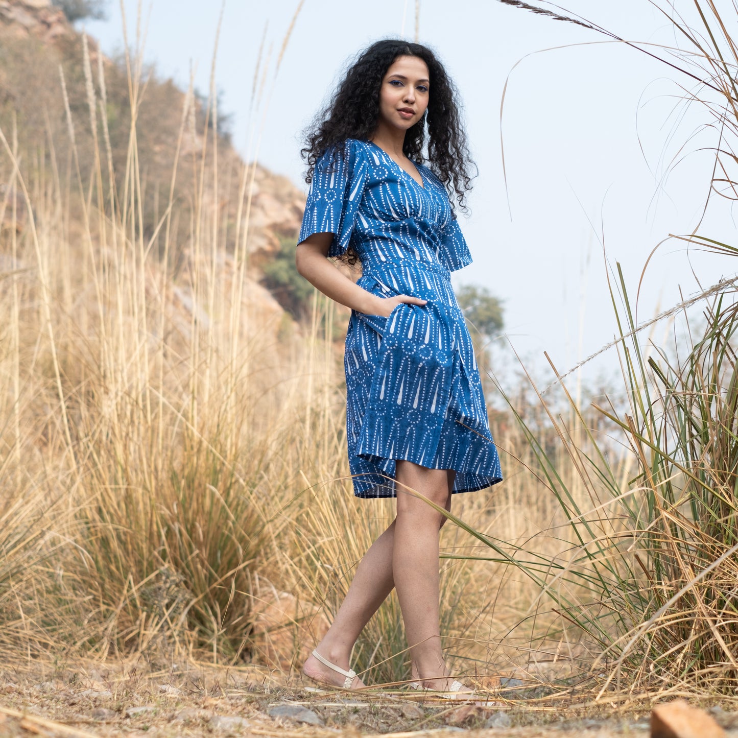 Indigo block printed box pleat dress V neck and relaxed sleeves with side pockets