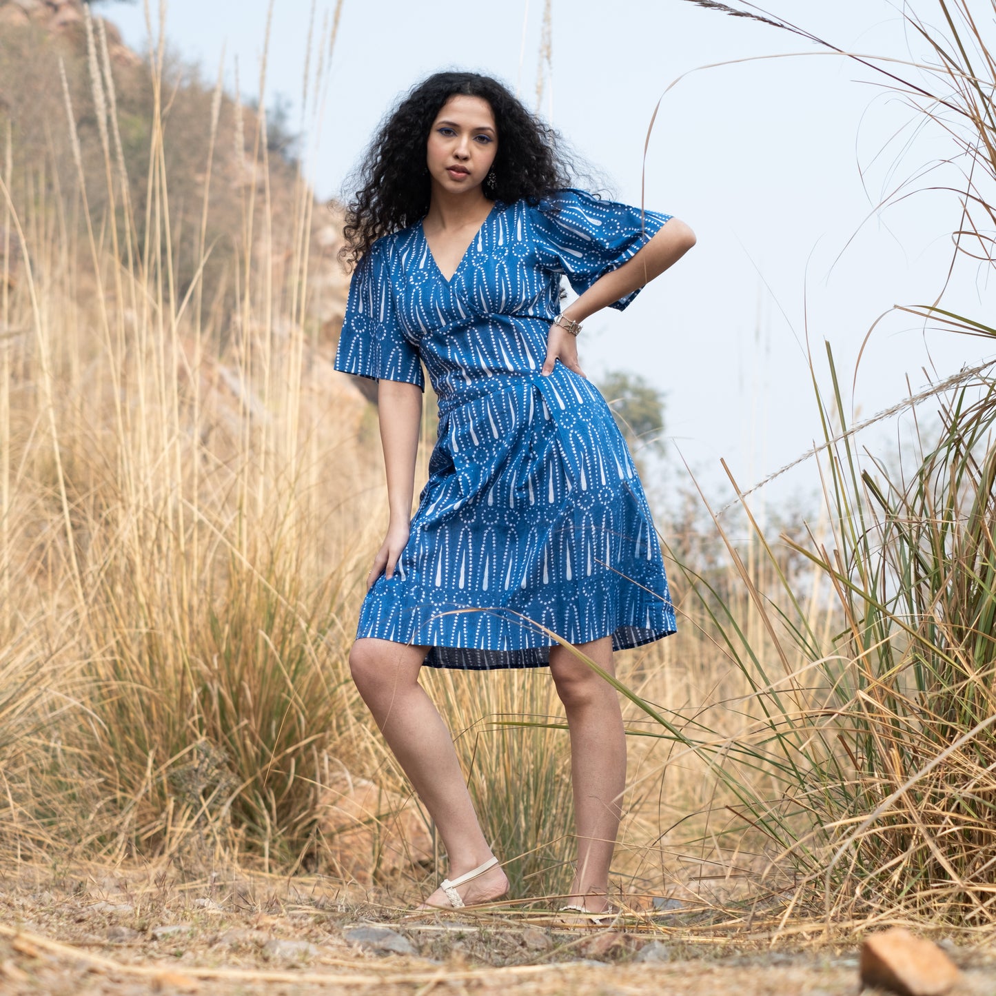 Indigo block printed box pleat dress V neck and relaxed sleeves with side pockets