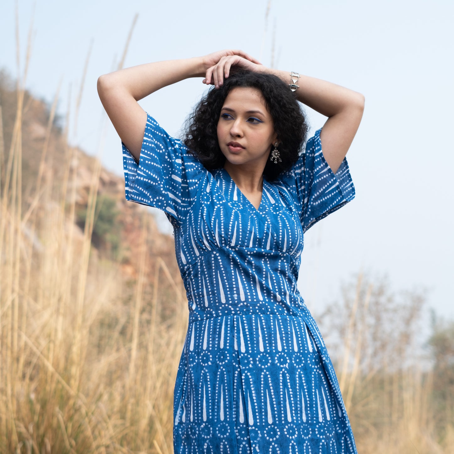 Indigo block printed box pleat dress V neck and relaxed sleeves with side pockets