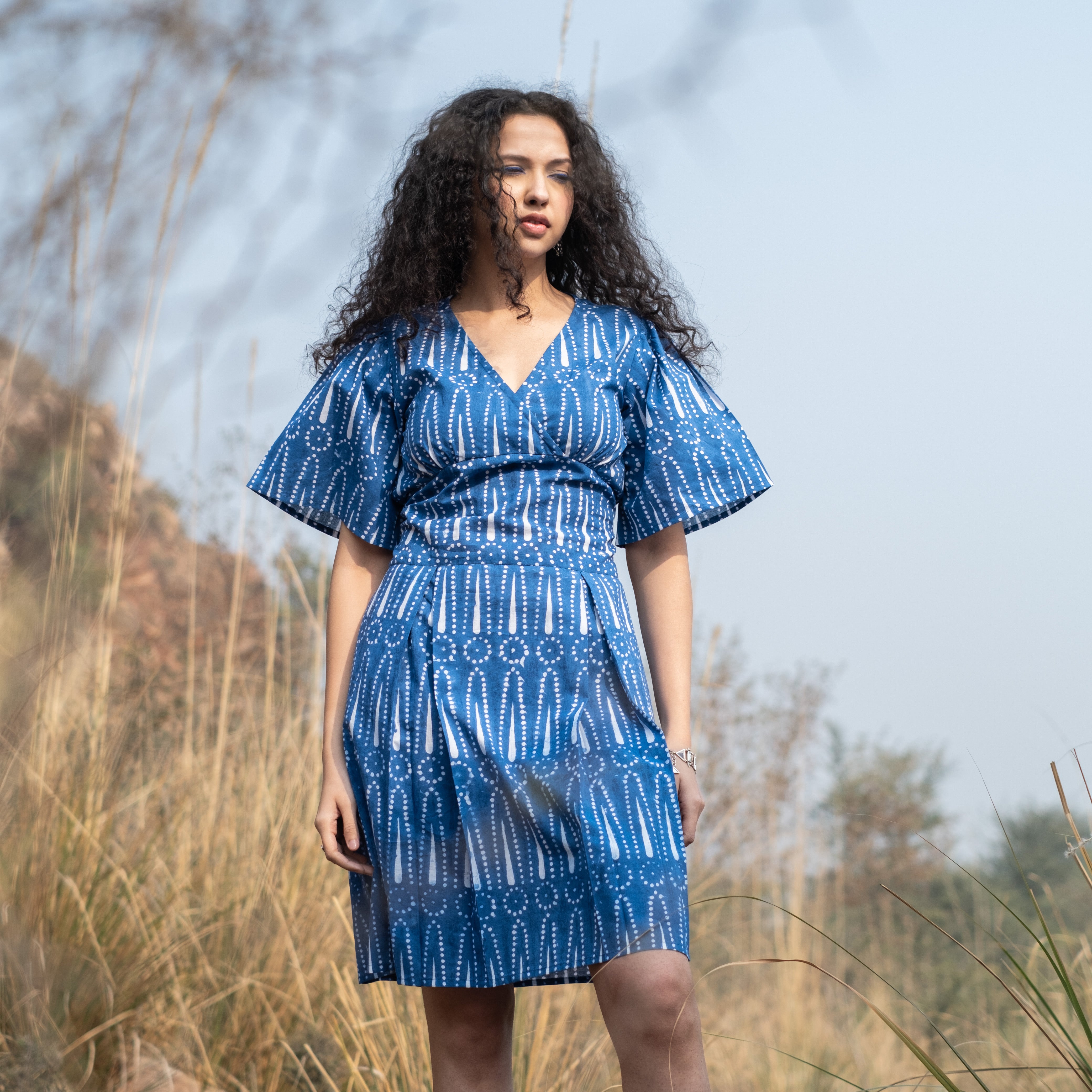 Indigo block printed box pleat dress V neck and relaxed sleeves with s akiso.store