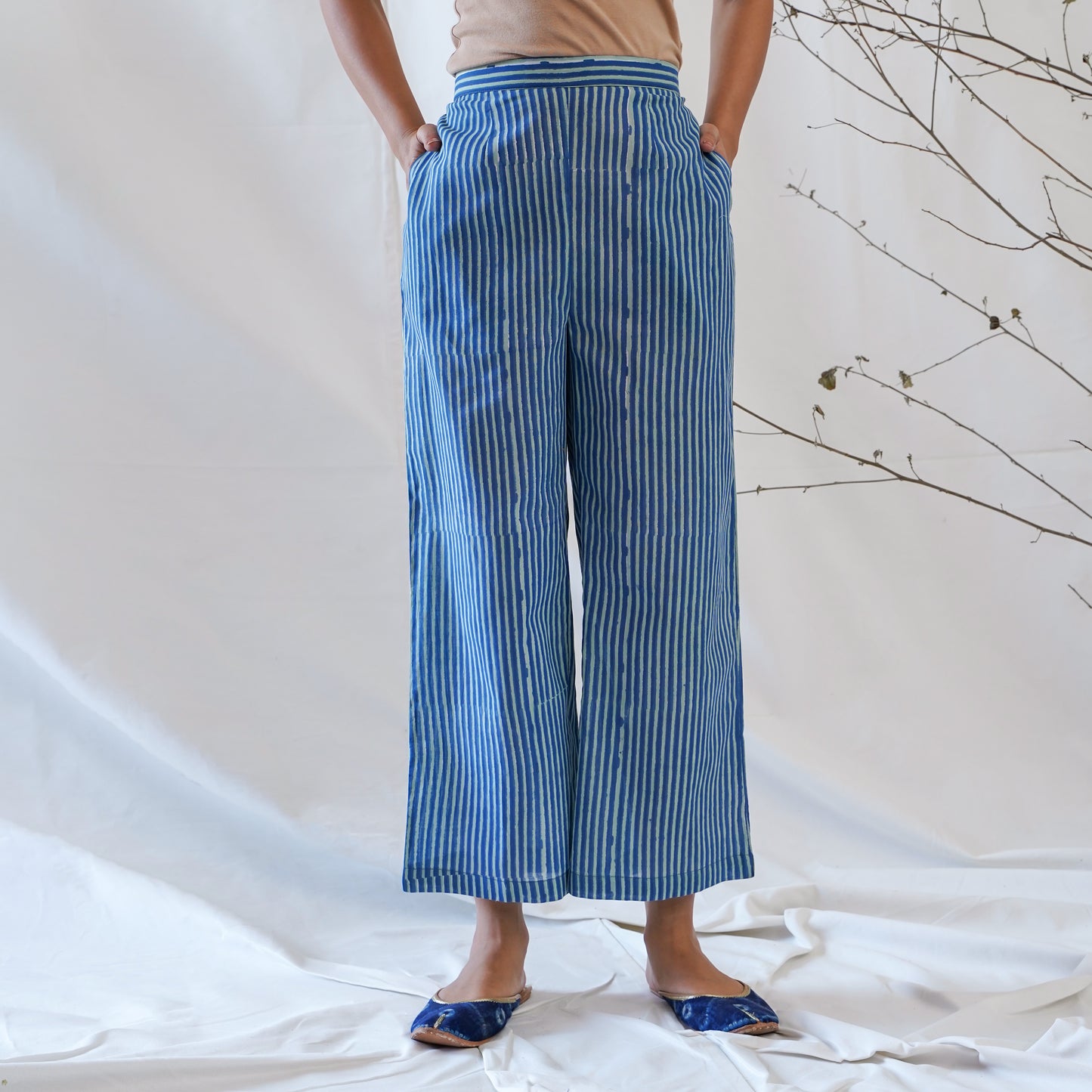 Straight Pajama Pants-Blue Green Stripped