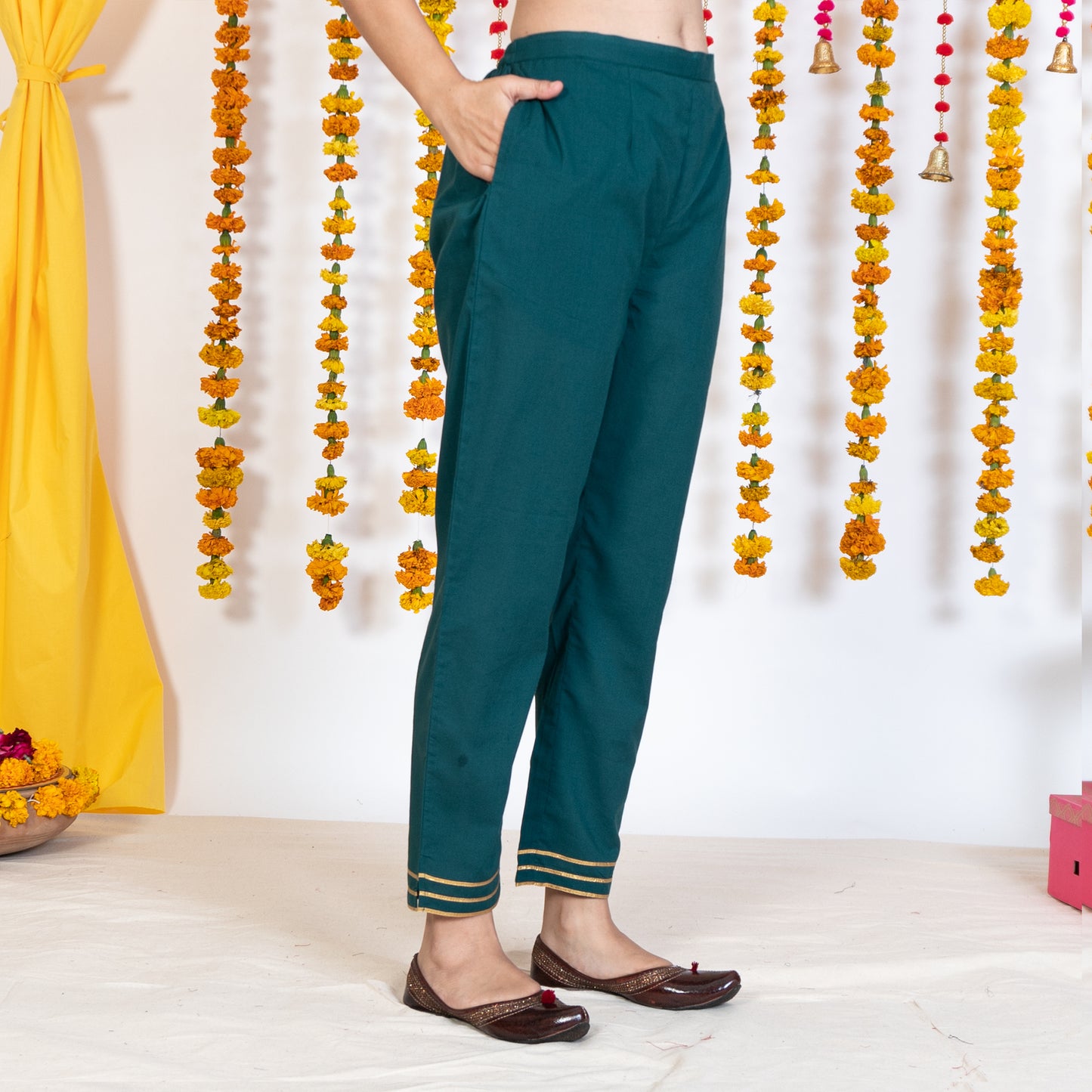 Green Cigarette Pant With Gotta Embroidery