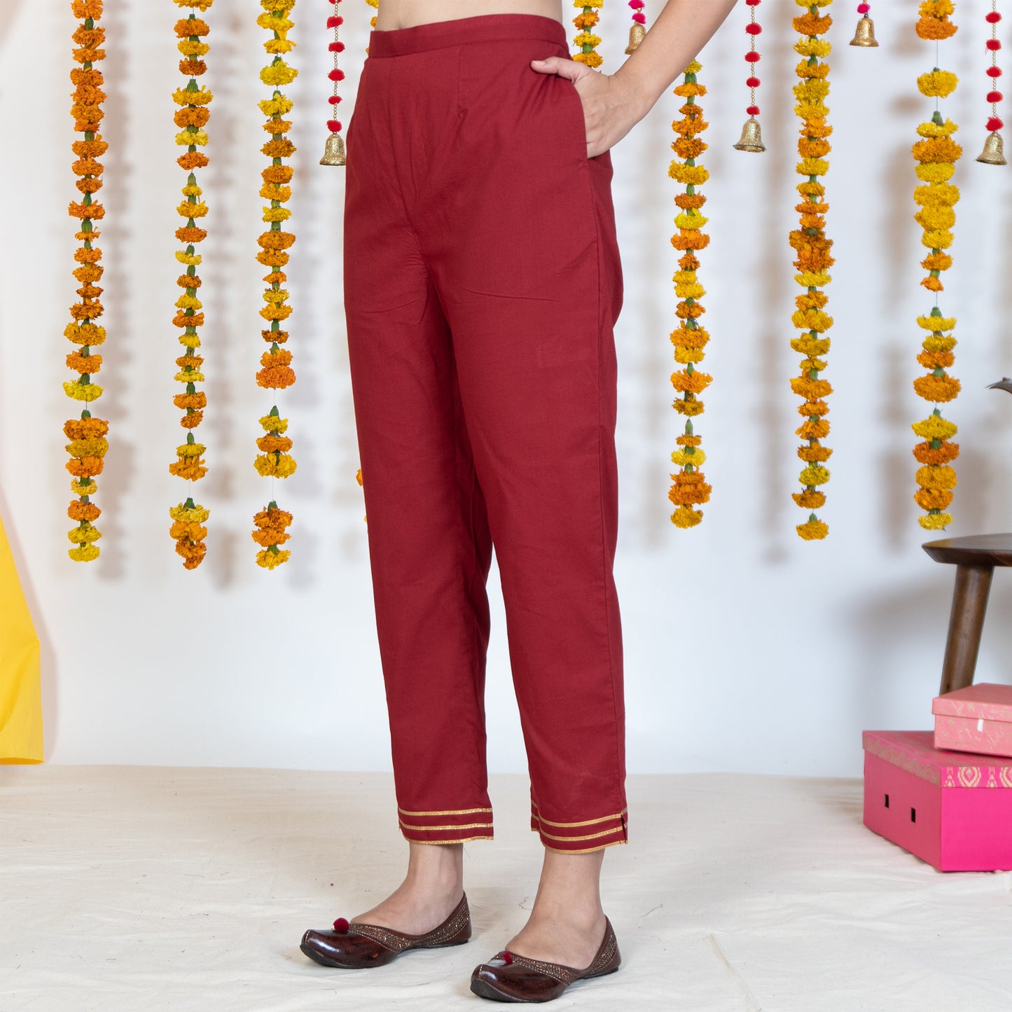 Red Cigarette Pant With Gotta Embroidery
