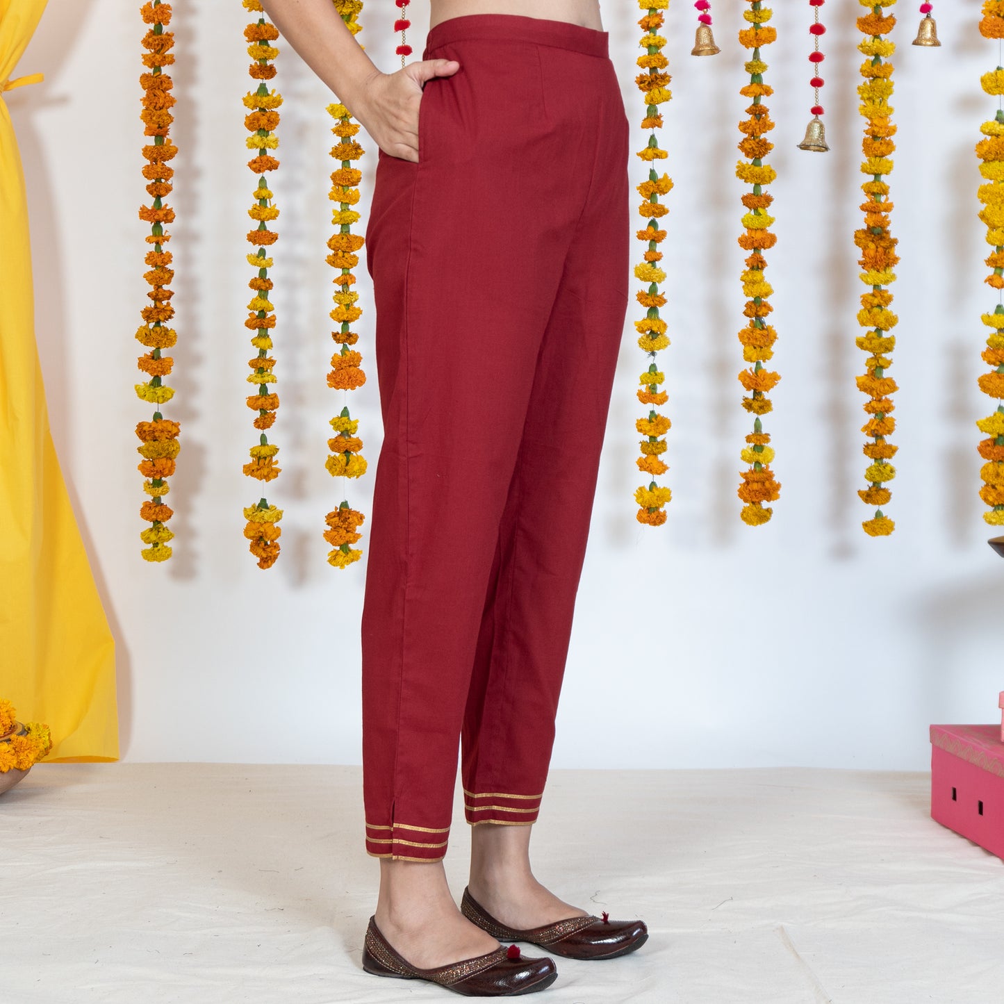 Red Cigarette Pant With Gotta Embroidery