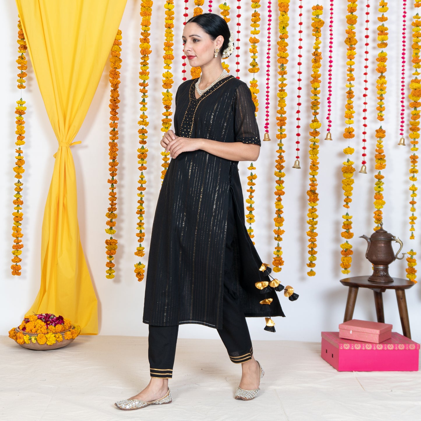 Black V-Neck Straight Panel Kurta With Tassels