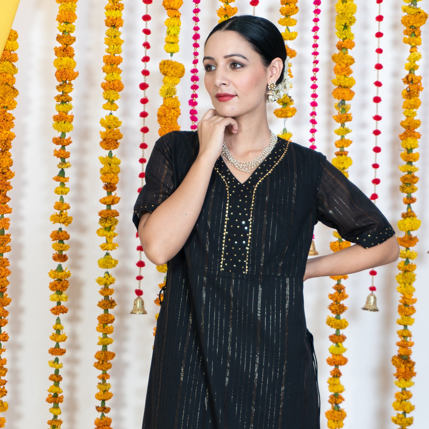 Black V-Neck Straight Panel Kurta With Tassels