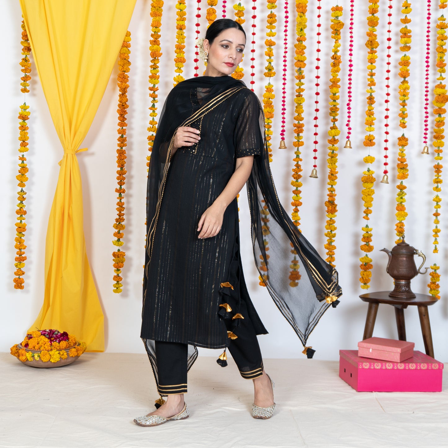 Black V-Neck Straight Panel Kurta With Tassels (Set Of 3)