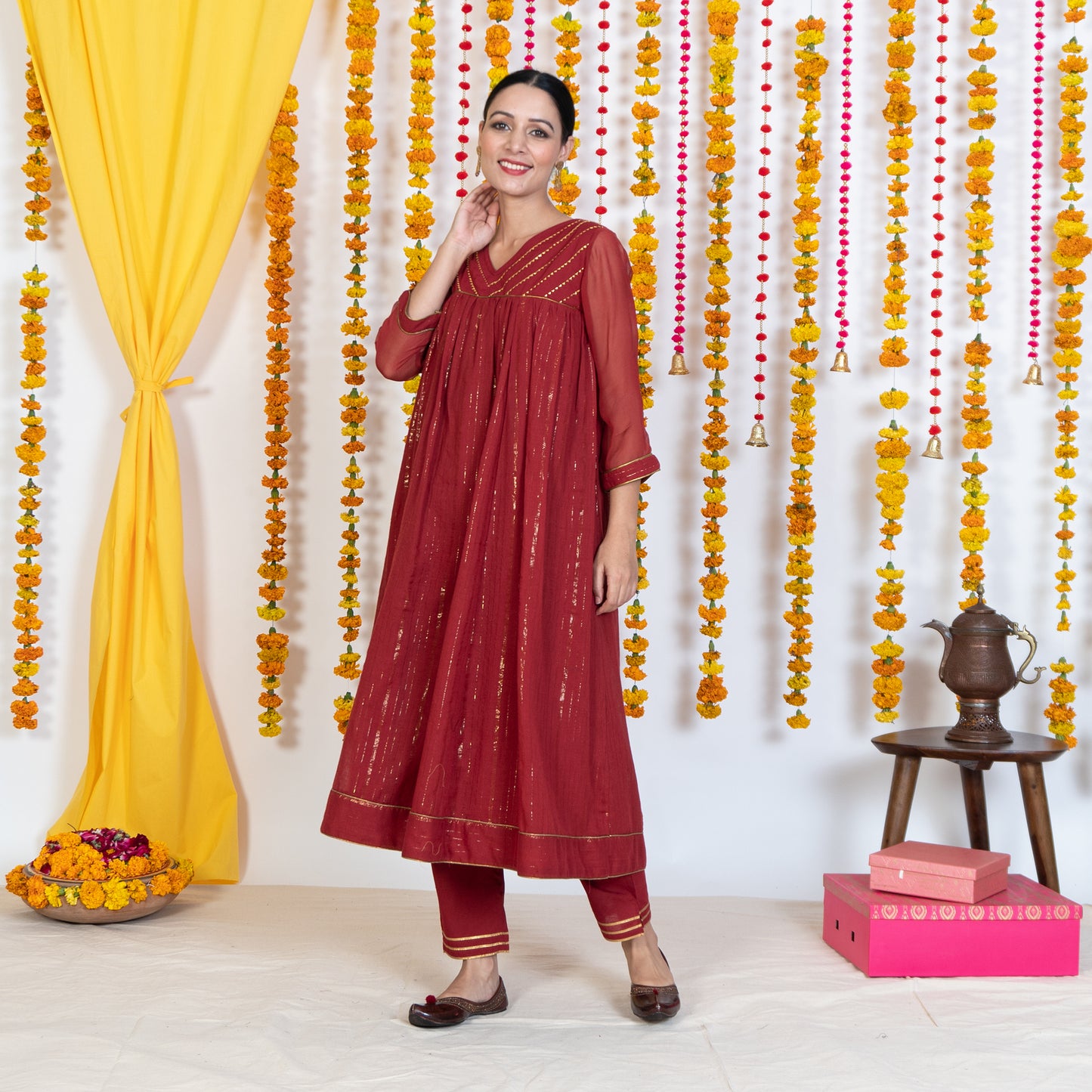 Red V Neck Embroidered Anarkali Kurta