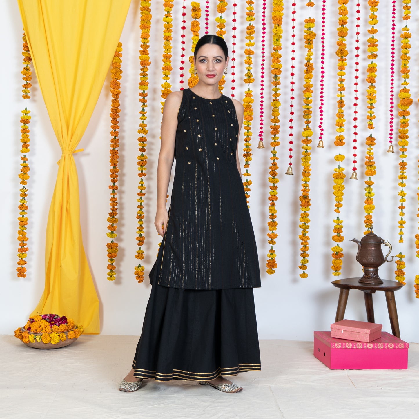 Black Round Neck, Sleeveless Embroidery Short Kurta Sharara Set With Dupatta (Set Of 3)
