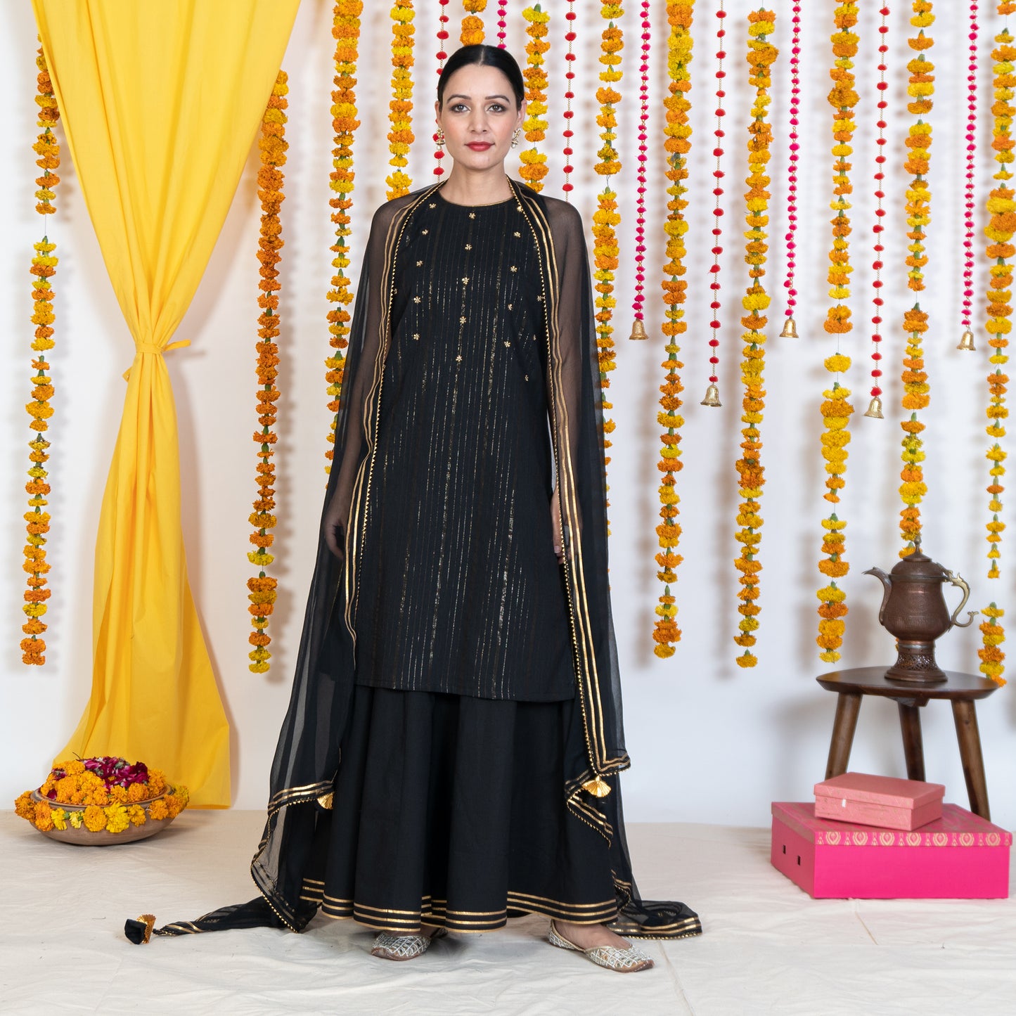 Black Round Neck, Sleeveless Embroidery Short Kurta Sharara Set With Dupatta (Set Of 3)
