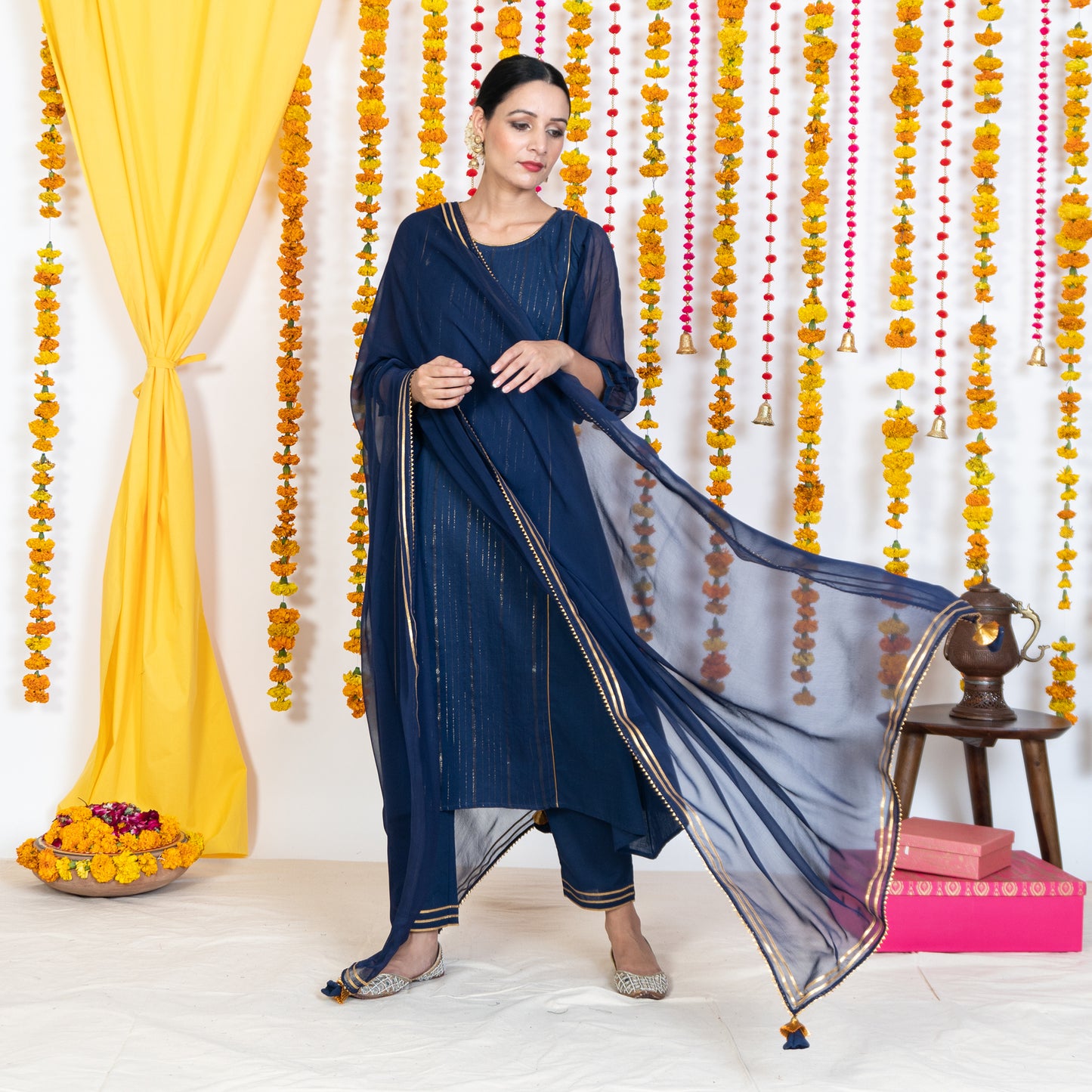 Blue Dupatta With Gotta Embroidery & Tassels