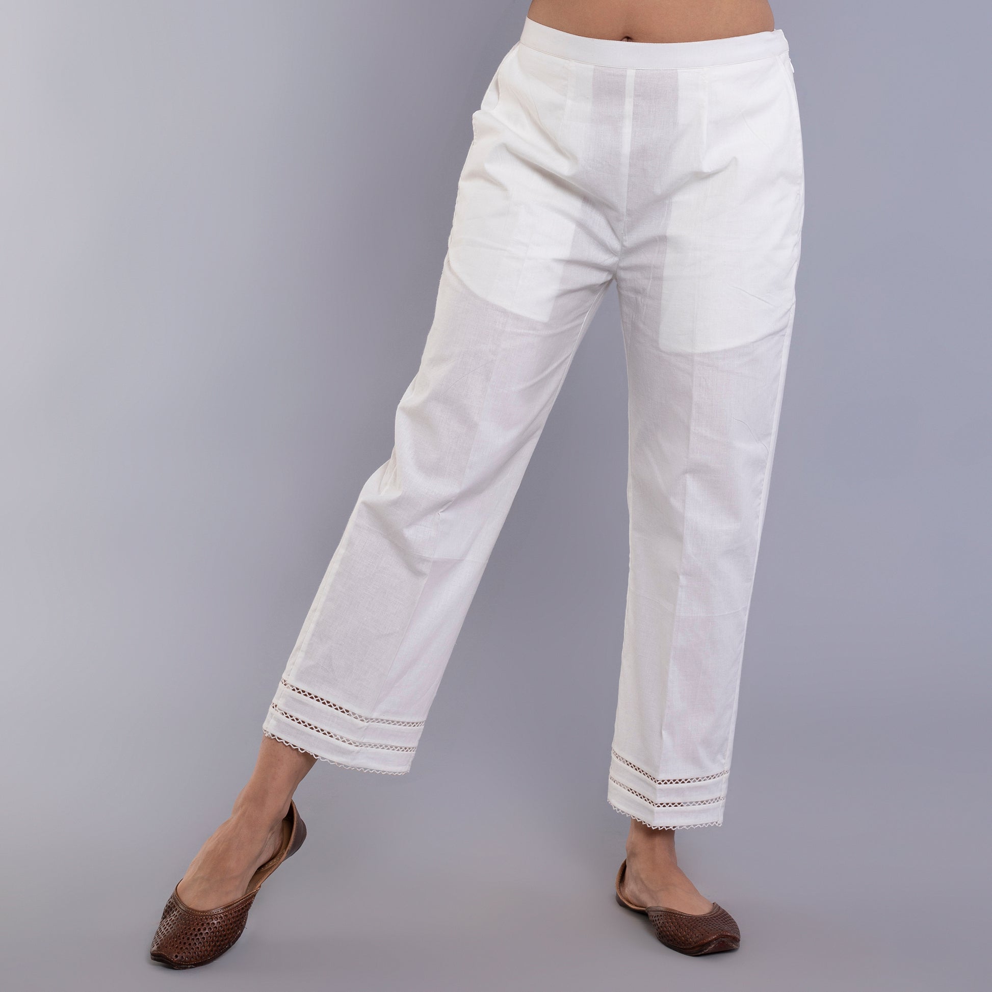 White Lace Pants Cotton Long Straight Pyjama