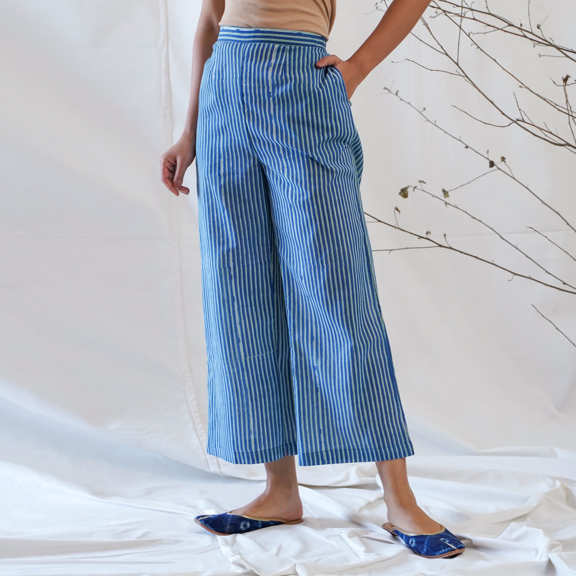 women's cotton pants in blue stripped handblock print