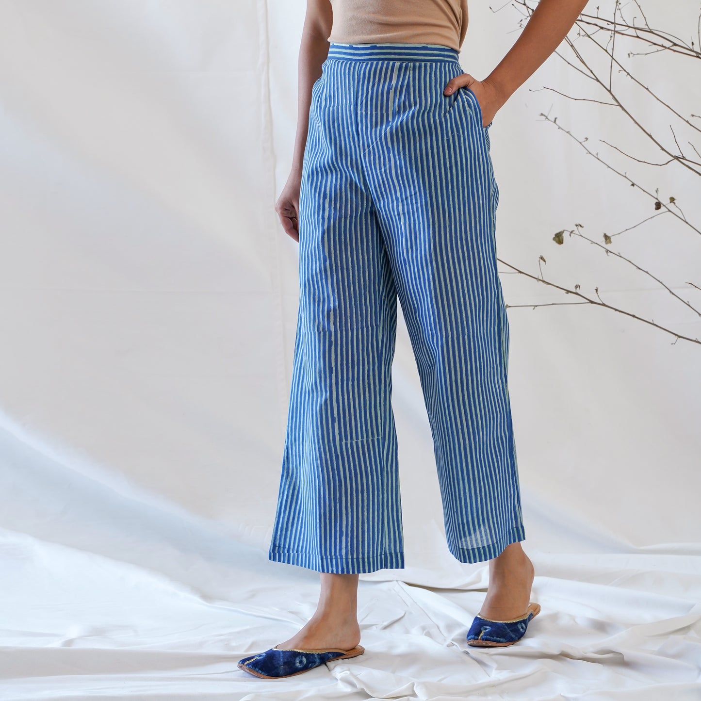 women's cotton pants in blue stripped handblock print