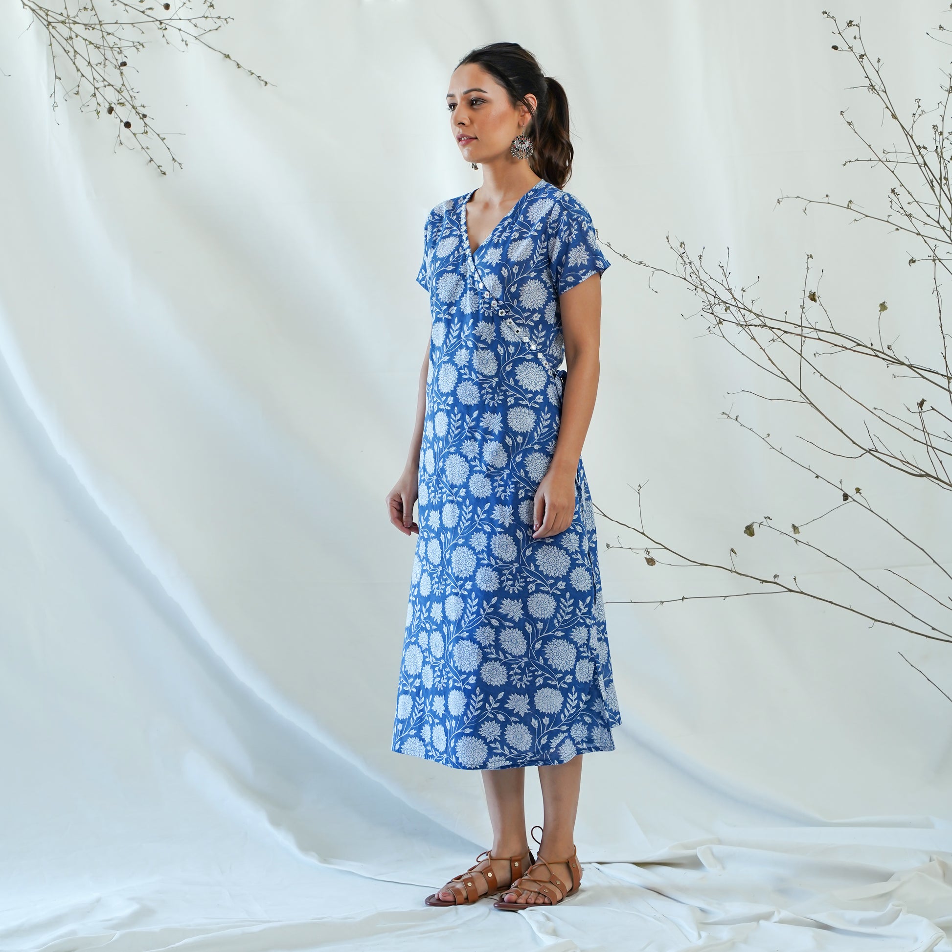 women's cotton long dress in blue and white handblock print