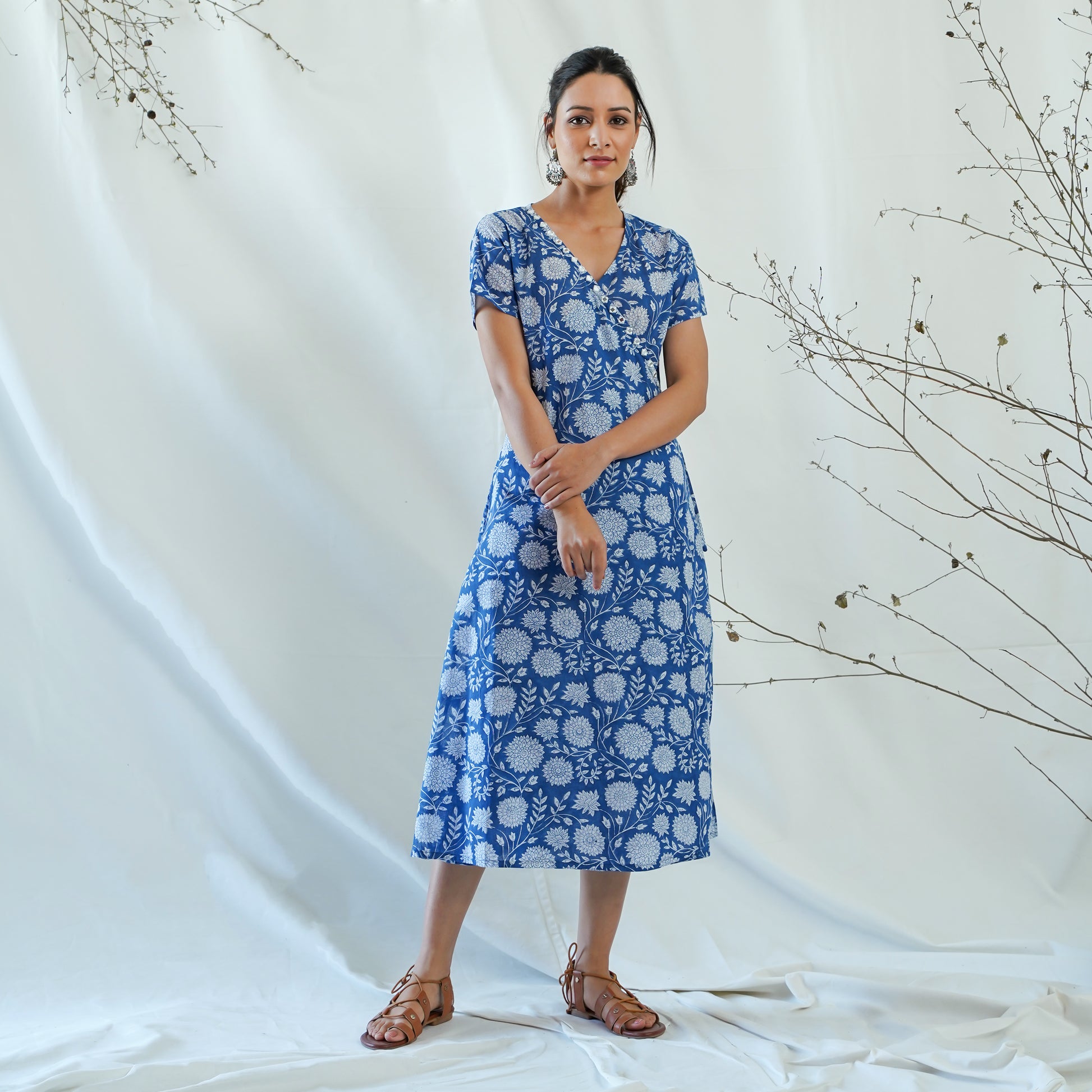 women's cotton long dress in blue and white handblock print