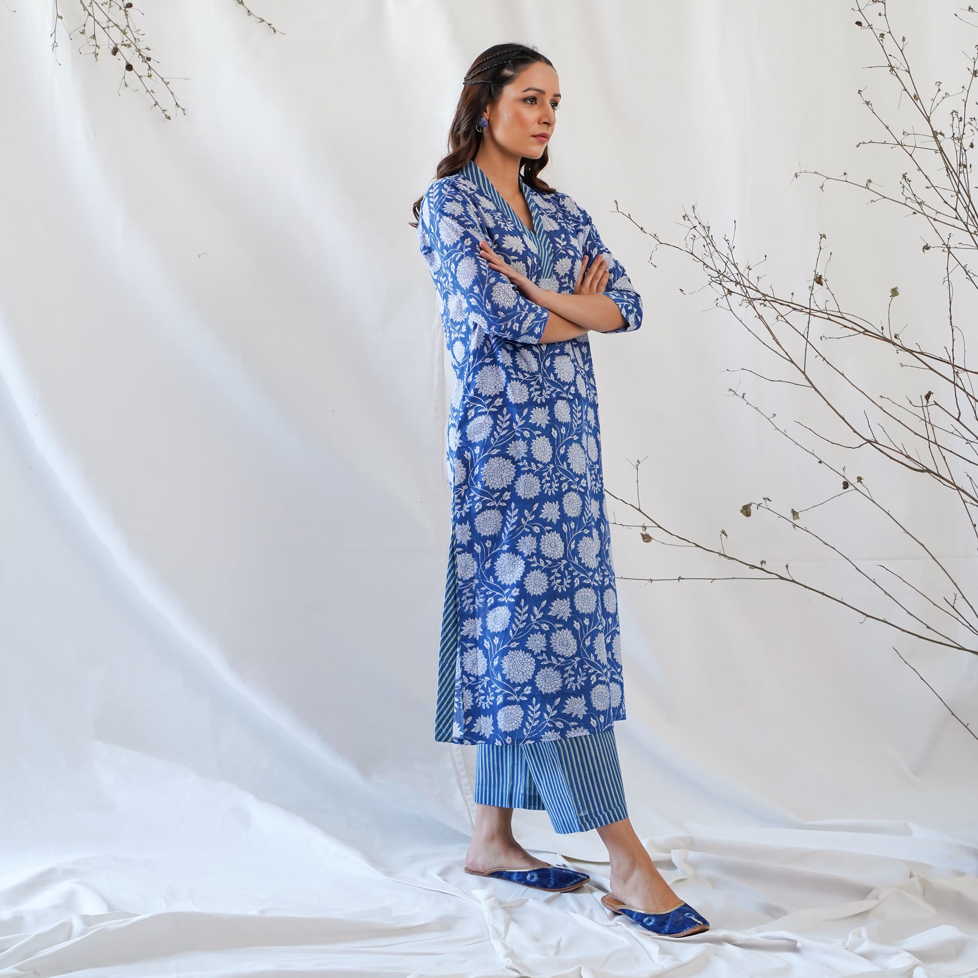 women's cotton long kurta in blue and white handblock print
