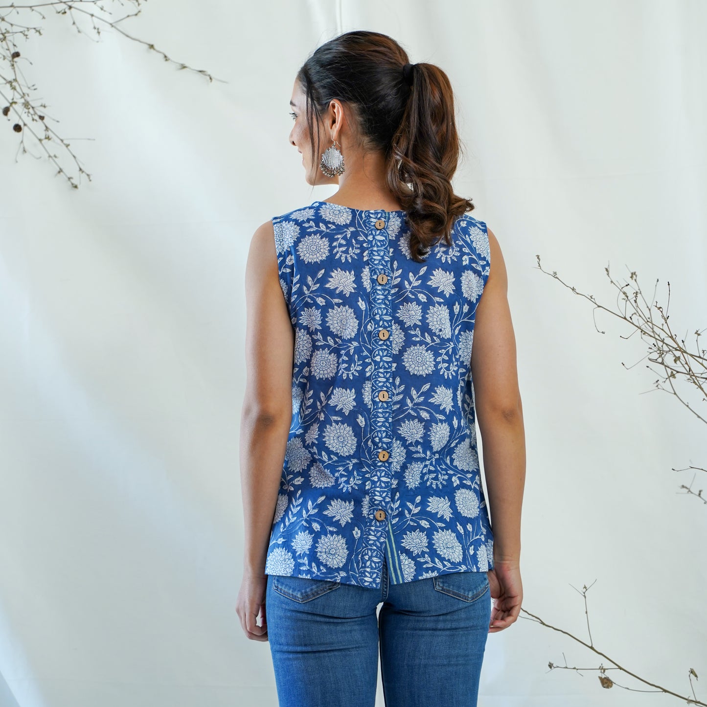 women's cotton short top in blue and white handblock print