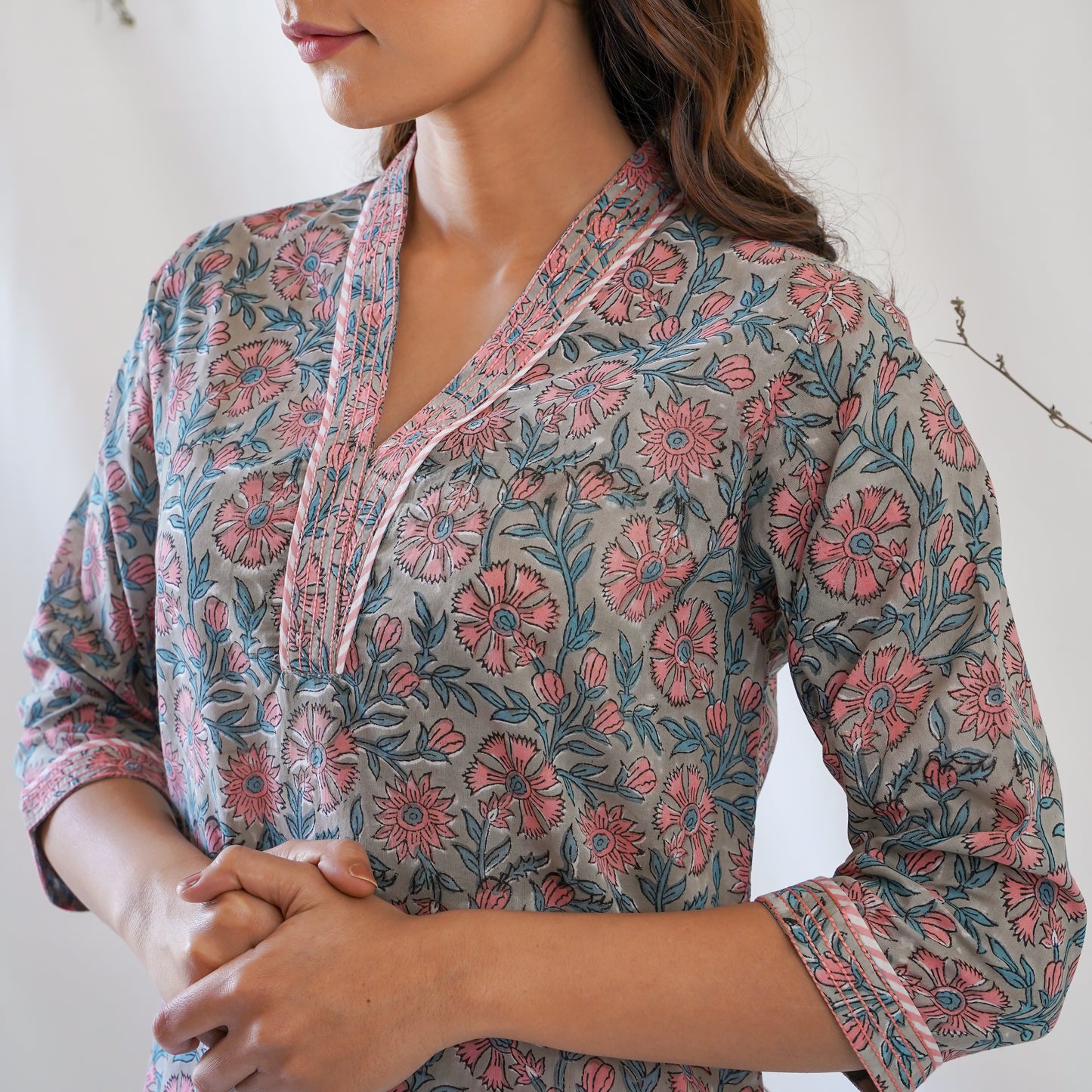 women's cotton long kurta in grey and pink handblock print