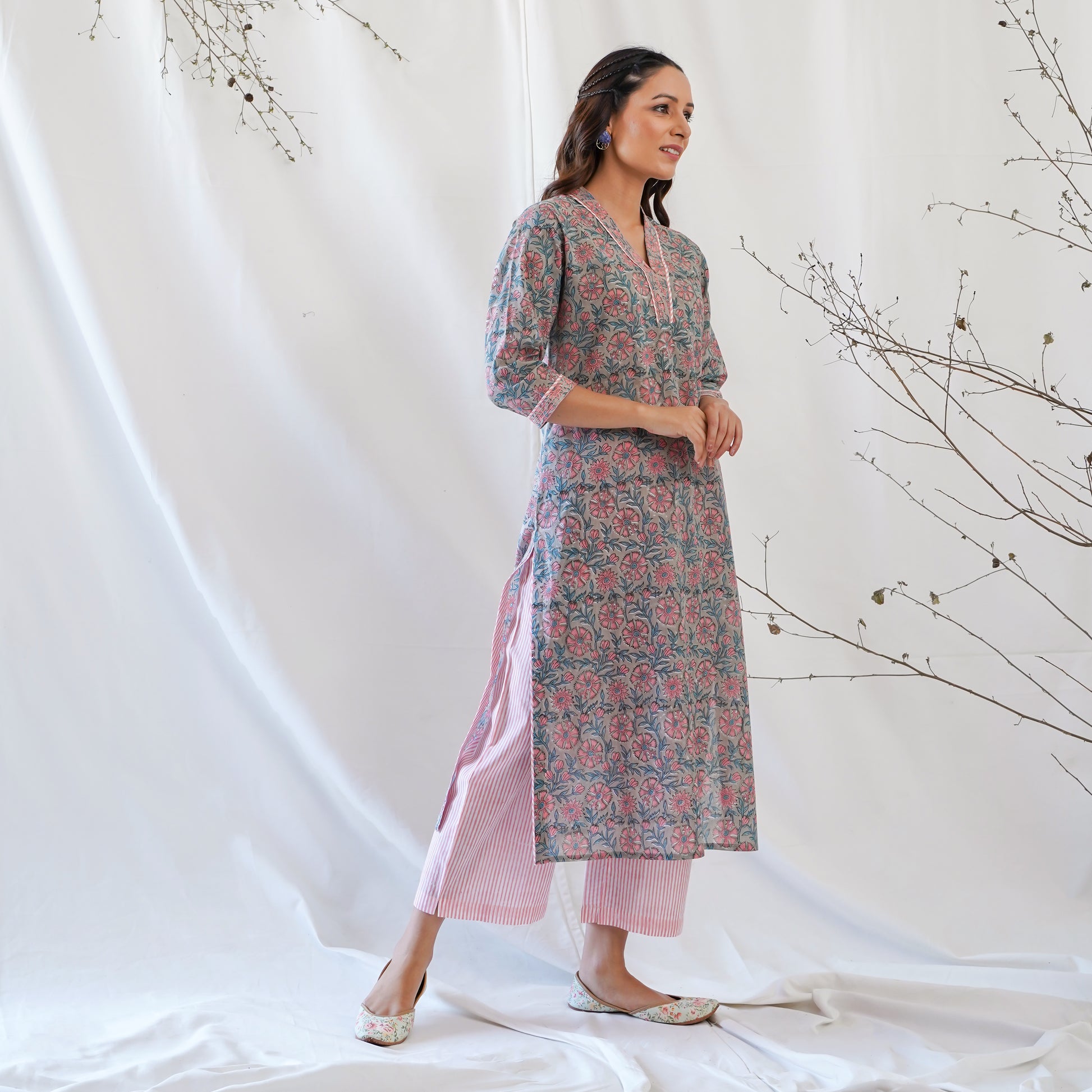 women's cotton long kurta in grey and pink handblock print