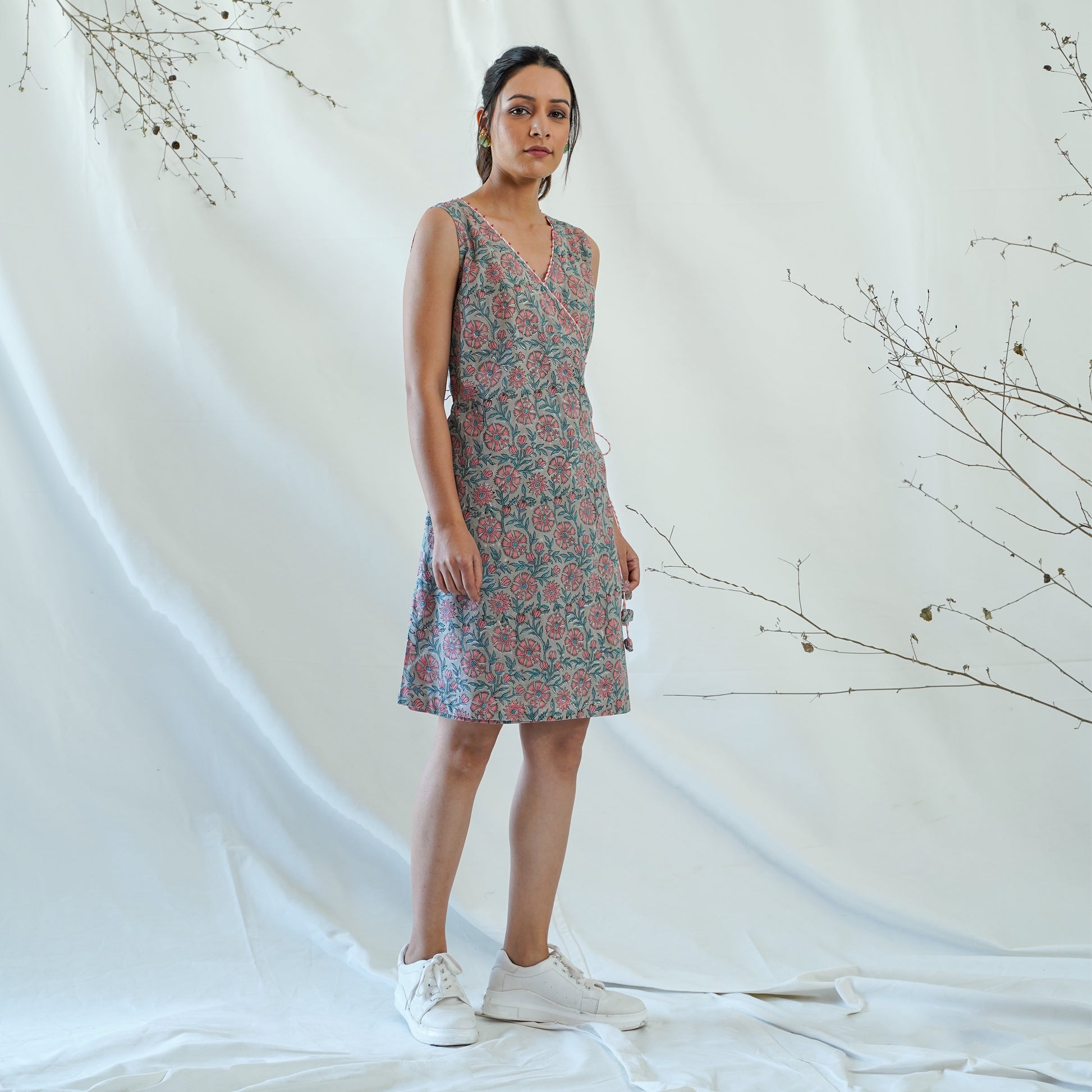women's cotton short dress in grey and pink handblock print