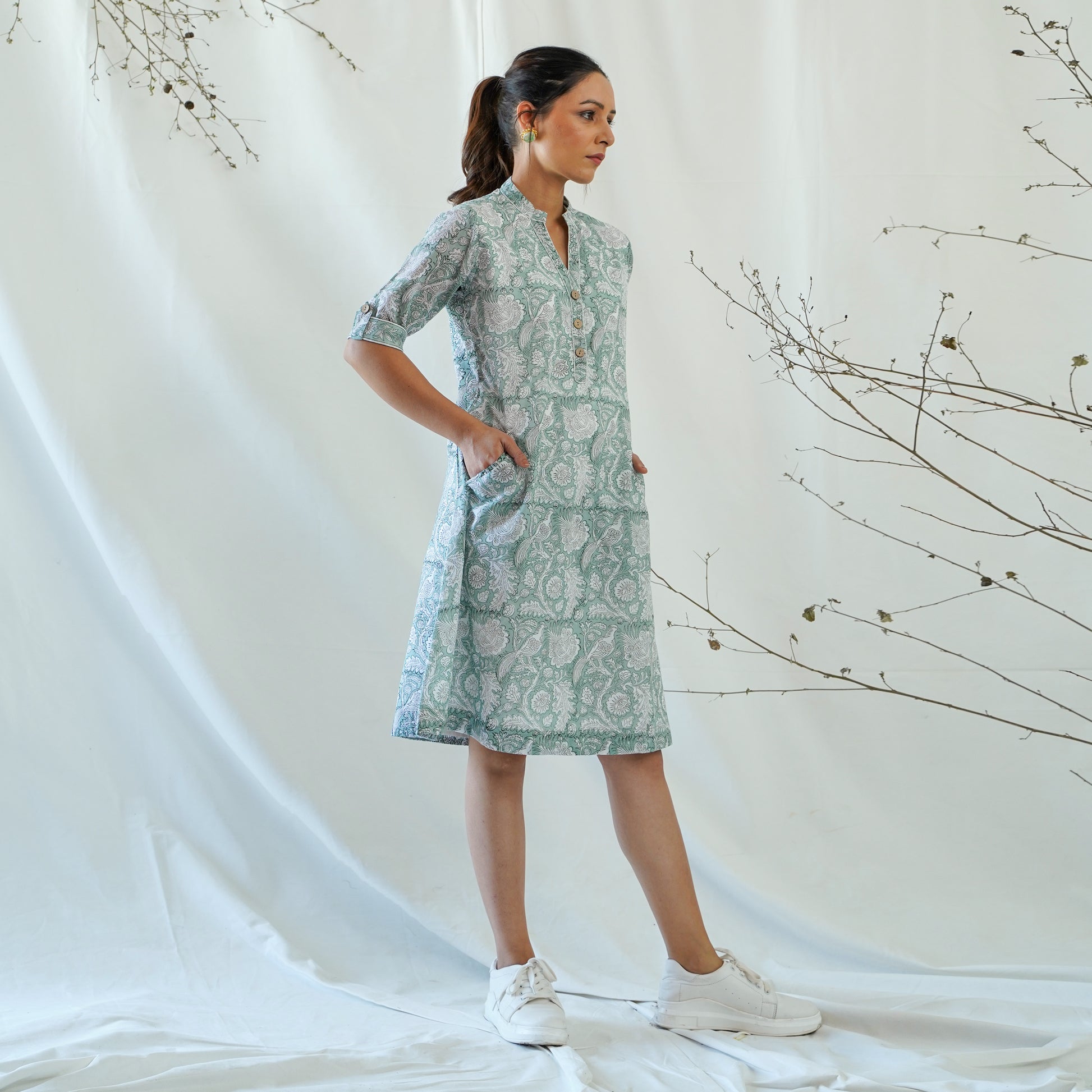 women's cotton casual dress in light green handblock print