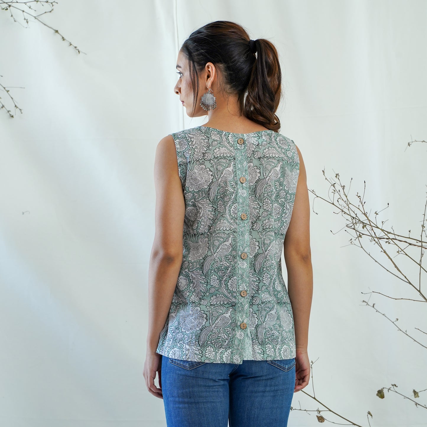 women's cotton short top in lightgreen handblock print
