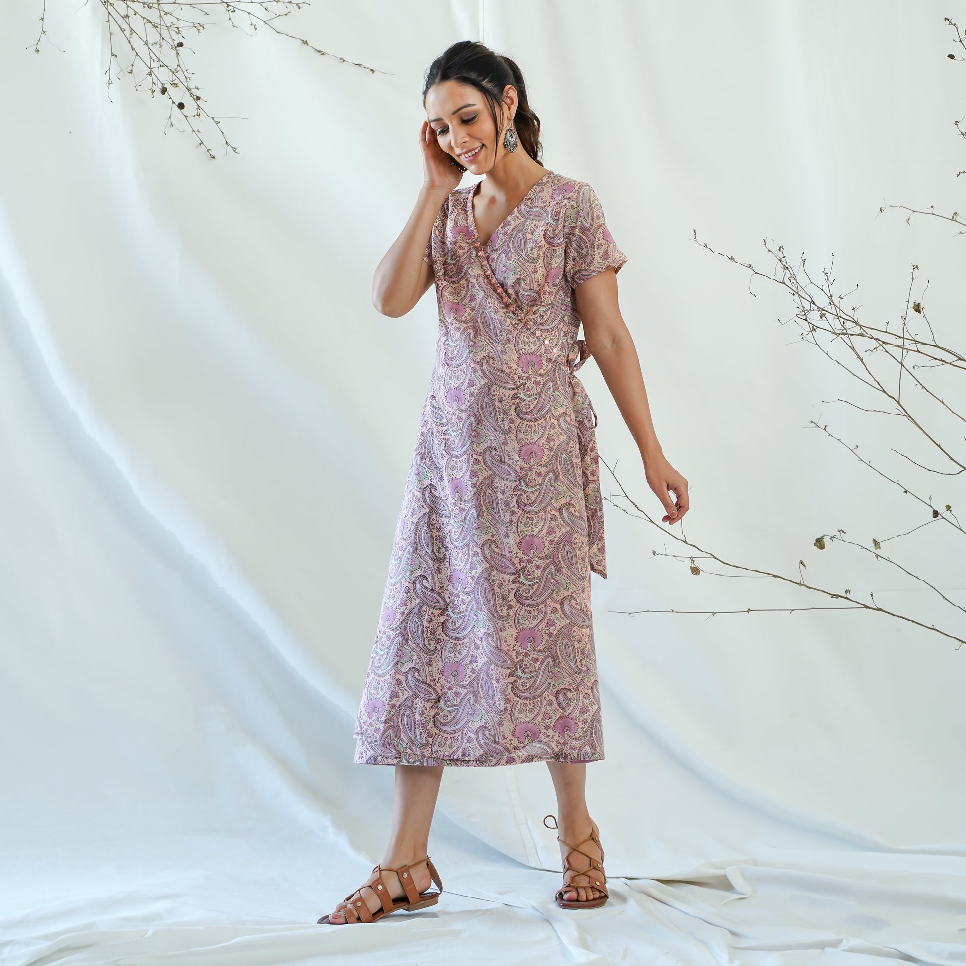 women's cotton long dress in peach handblock print