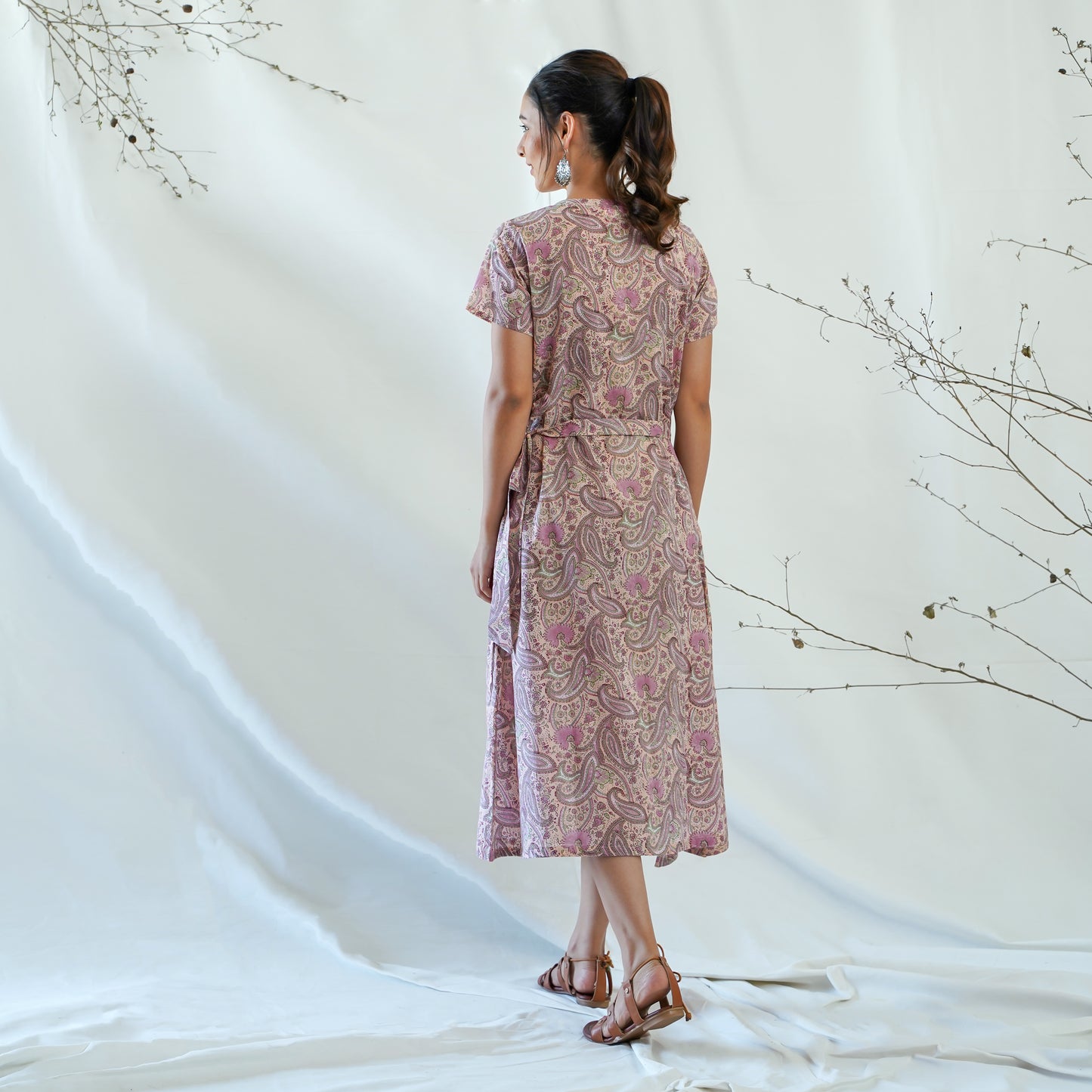 women's cotton long dress in peach handblock print