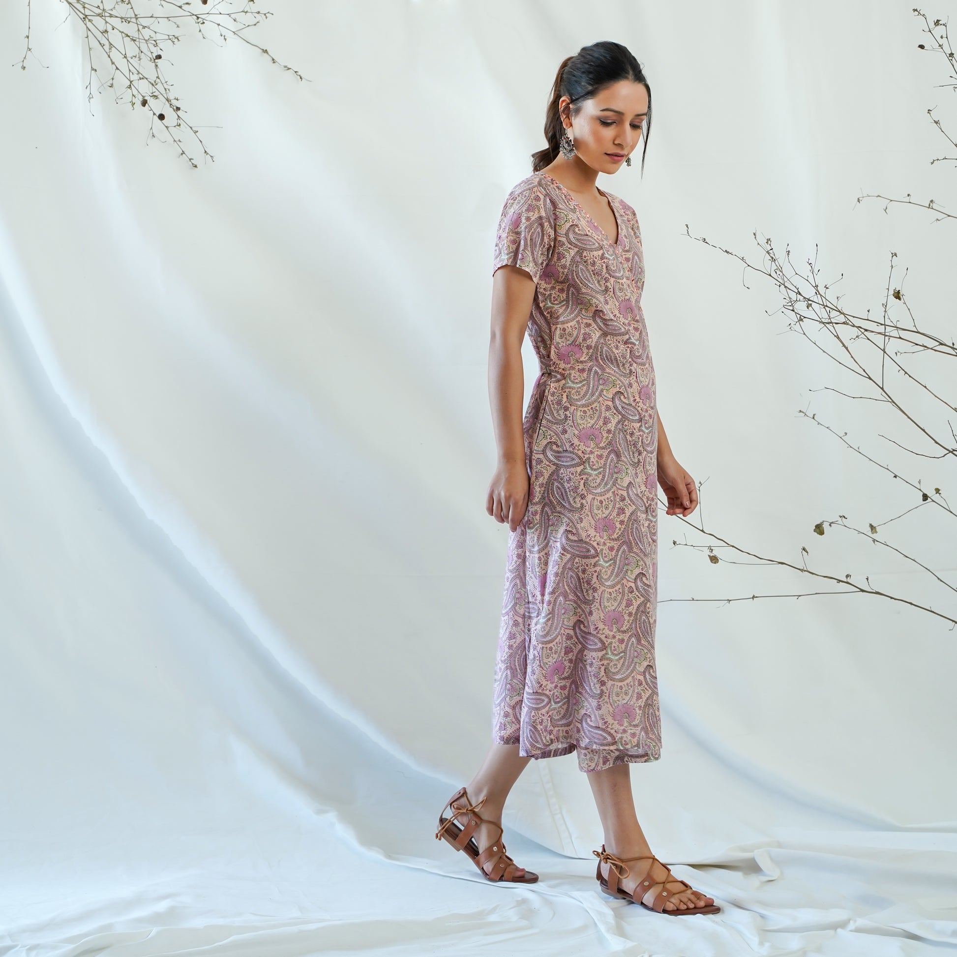 women's cotton long dress in peach handblock print