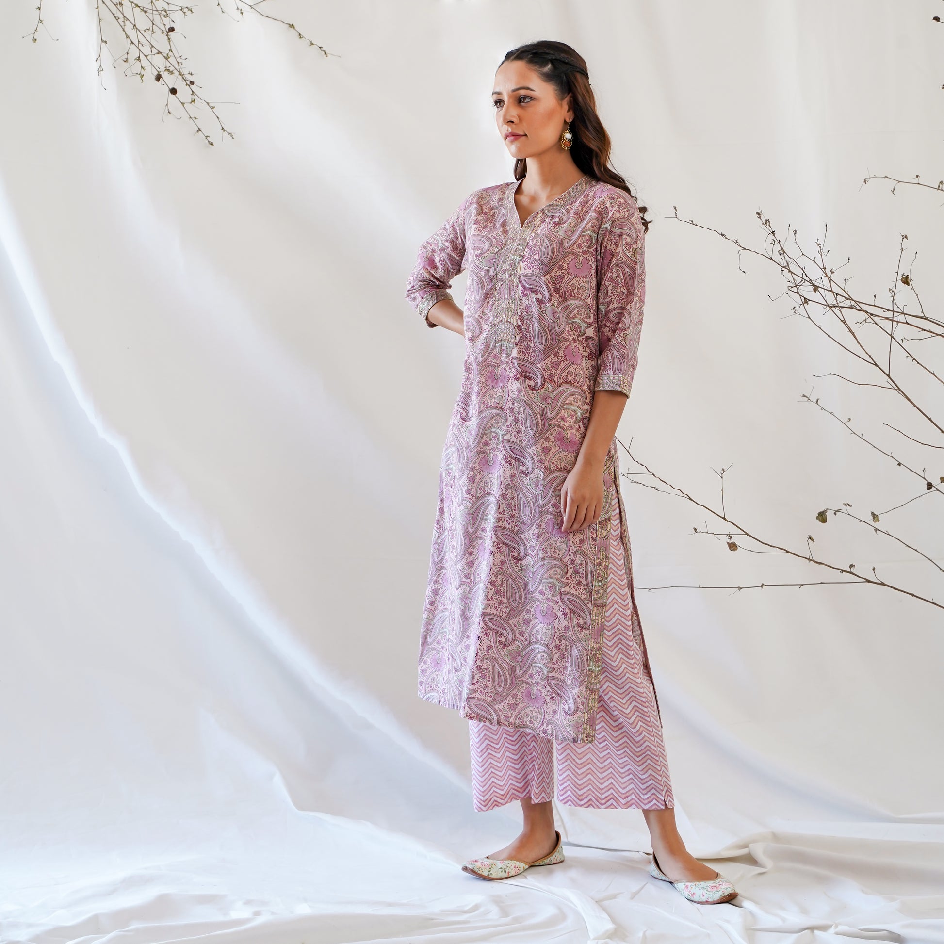 women's cotton long kurta in peach handblock print