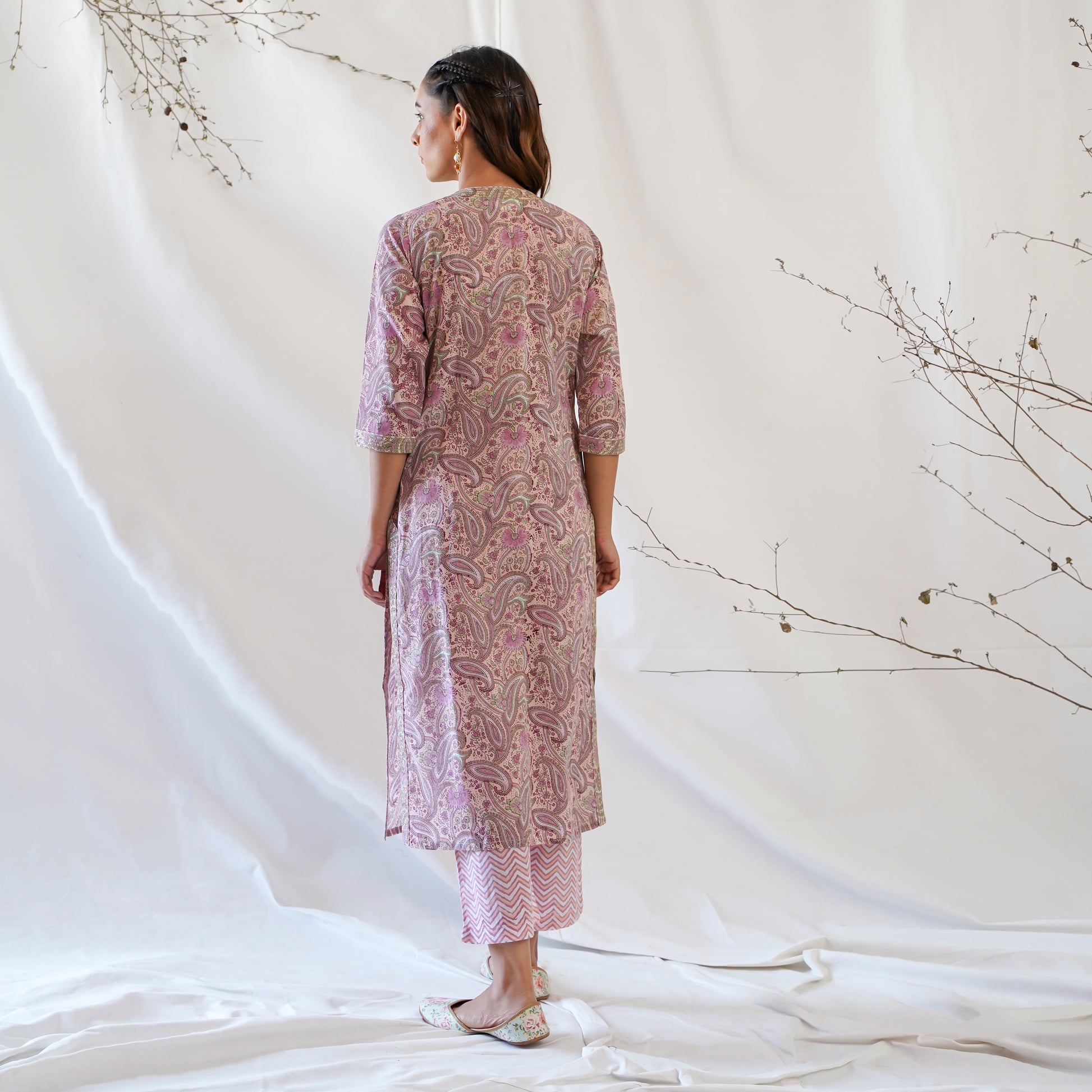 women's cotton long kurta in peach handblock print